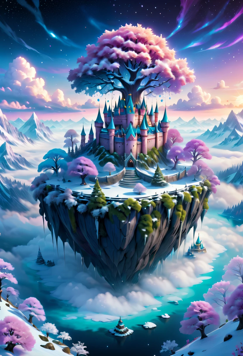 winter landscape，Surreal wonderland，Dreamy cloud and fairy island，Colorful snowflakes are flying，A princess&#39;The palace is covered with snow，The tree of life blooms with endless vitality，Twinkling stars in the night sky，Overlapping clouds and fog，Whimsical fantasy landscape art, Beautiful Art Ultra HD 8K, 8K highly detailed digital art, beautiful detailed fantasy, epic dreamlike fantasy landscape, Mysterious and dreamy scenery, Magic fantasy is very detailed, magical scenery, composed...consist of ,  and Snow Fantasy Floating Fairy Island, detailed fantasy digital art, 8K detailed digital art