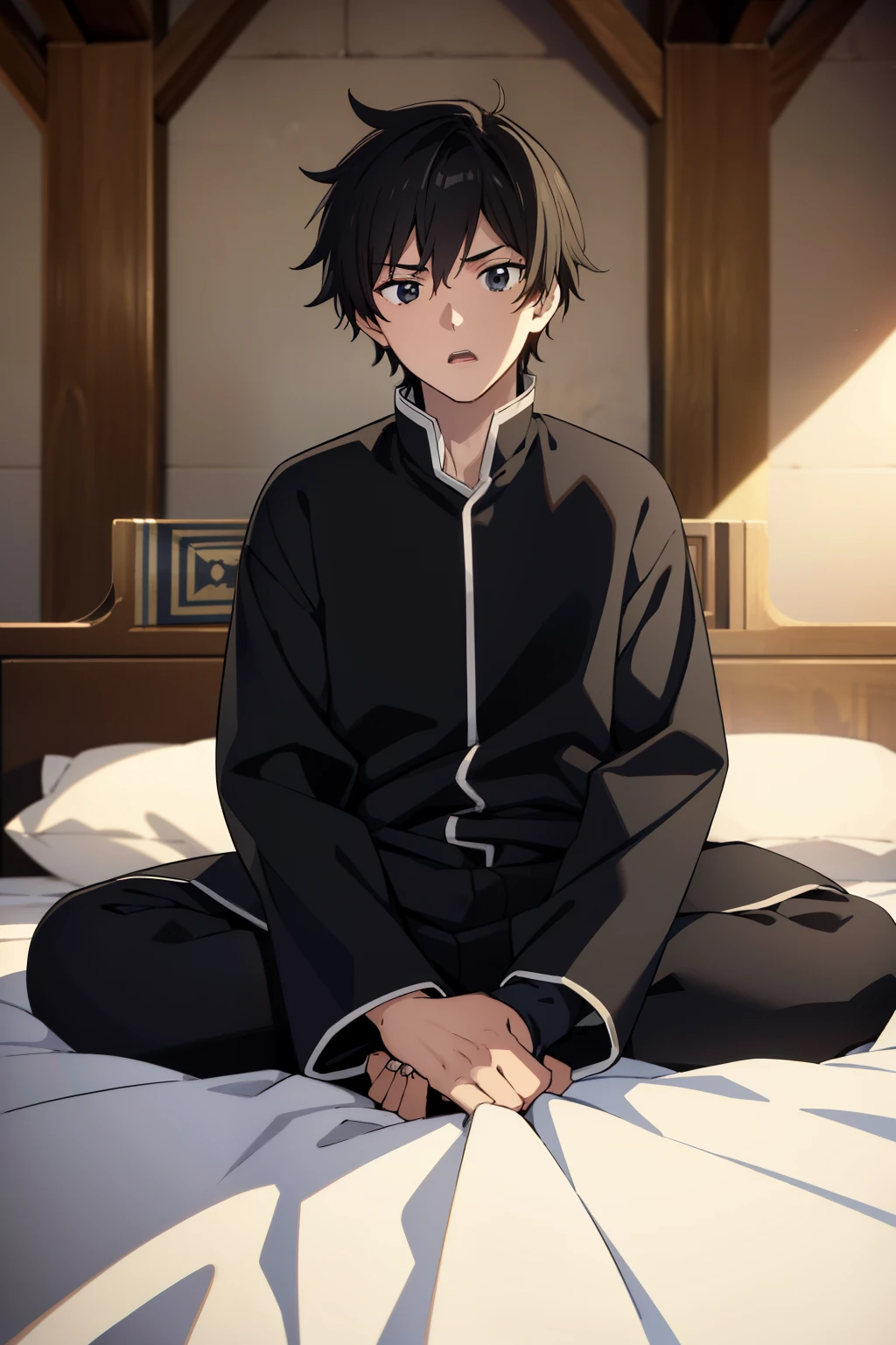 (high quality, ultra detailed), anime character, 16 year old man, medieval noble sleepwear, messy black hair, black eyes, surprised expression, sitting on a medieval noble bed