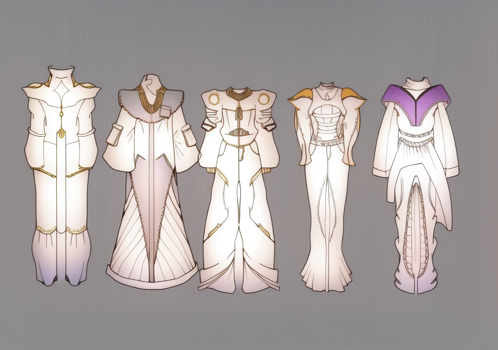 Line drawing of a series of dresses in different styles, clothing design, clothing design, clothing concept, robe! iintricate, clothing design, Intricate robes, futuristic clothes, Intricate Fantasy Robes, Diverse clothing, clothing design, clothes from the future, clear outfit design, Astral Witch Clothes, Complex clothes, Cypherpunk fashion illustration, futuristic outfit, Fantasy style clothing