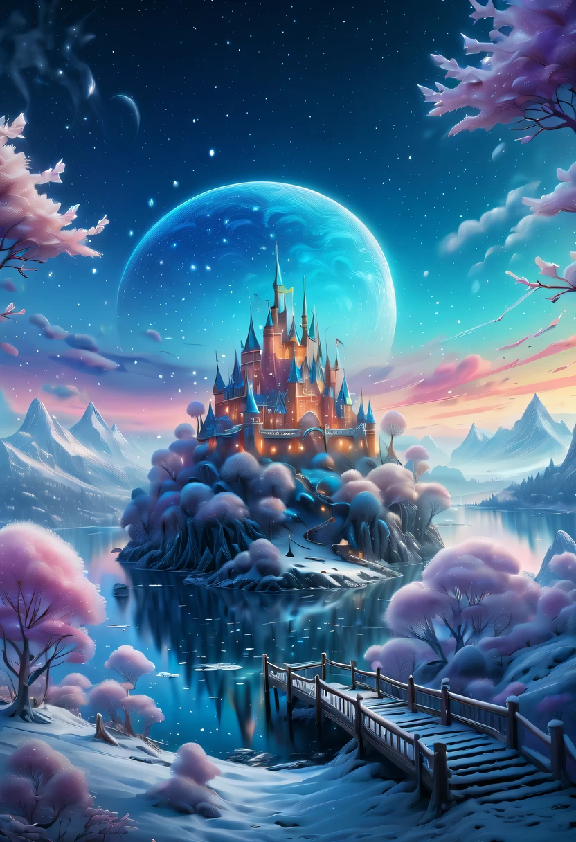 winter landscape，Surreal wonderland，Dreamy cloud and fairy island，Colorful snowflakes are flying，A princess&#39;The palace is covered with snow，The tree of life blooms with endless vitality，Twinkling stars in the night sky，Overlapping clouds and fog，Whimsical fantasy landscape art, Beautiful Art Ultra HD 8K, 8K highly detailed digital art, beautiful detailed fantasy, epic dreamlike fantasy landscape, Mysterious and dreamy scenery, Magic fantasy is very detailed, magical scenery, composed...consist of ,  and Snow Fantasy Floating Fairy Island, detailed fantasy digital art, 8K detailed digital art