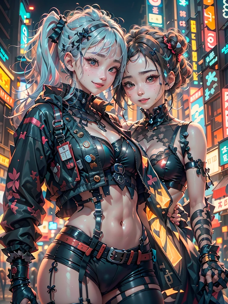 tmasterpiece, Best quality, 2 ((Smiling)) Cyberpunk girls stand together, Harajuku style cyberpunk body harness, Bold colors and patterns, eye-catching accessories, Stylish and innovative hairstyle, Dazzling cyberpunk cityscape, skyscrapper, glowing neon sign, LED lights, anime illustration, Detailed skin texture, Fabric texture is delicate, beautiful detailed face, Complicated details, ultra - detailed, 电影灯光, strong contrasts.