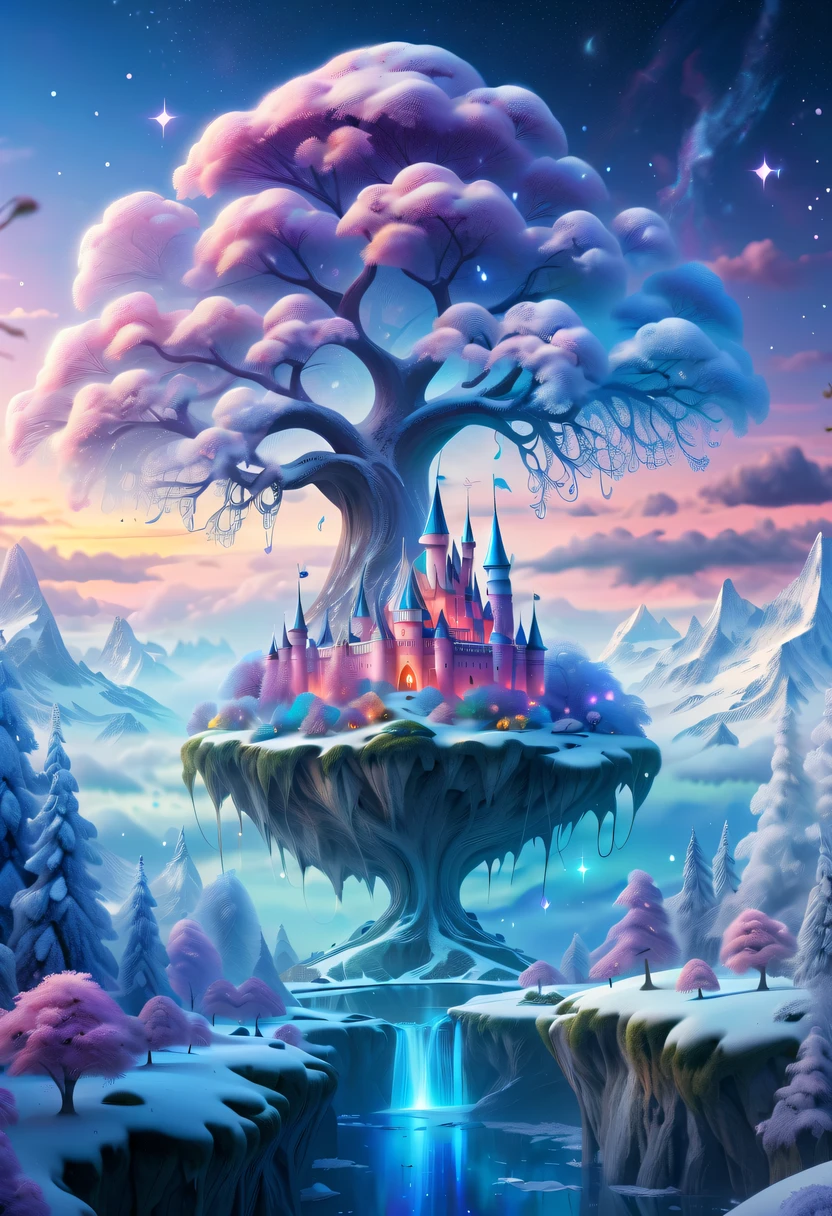 winter landscape，Surreal wonderland，Dreamy cloud and fairy island，Colorful snowflakes are flying，A princess&#39;The palace is covered with snow，The tree of life blooms with endless vitality，Twinkling stars in the night sky，Overlapping clouds and fog，Whimsical fantasy landscape art, Beautiful Art Ultra HD 8K, 8K highly detailed digital art, beautiful detailed fantasy, epic dreamlike fantasy landscape, Mysterious and dreamy scenery, Magic fantasy is very detailed, magical scenery, composed...consist of ,  and Snow Fantasy Floating Fairy Island, detailed fantasy digital art, 8K detailed digital art