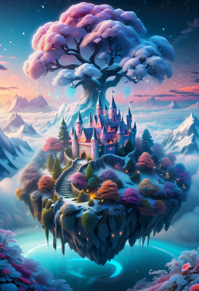 winter landscape,Surreal wonderland,Dreamy cloud and fairy island,Colorful snowflakes are flying,A princess'The palace is covered with snow,The tree of life blooms with endless vitality,Twinkling stars in the night sky,Overlapping clouds and fog,Whimsical fantasy landscape art, Beautiful Art Ultra HD 8K, 8K highly detailed digital art, beautiful detailed fantasy, epic dreamlike fantasy landscape, Mysterious and dreamy scenery, Magic fantasy is very detailed, magical scenery, composed...consist of , and Snow Fantasy Floating Fairy Island, detailed fantasy digital art, 8K detailed digital art