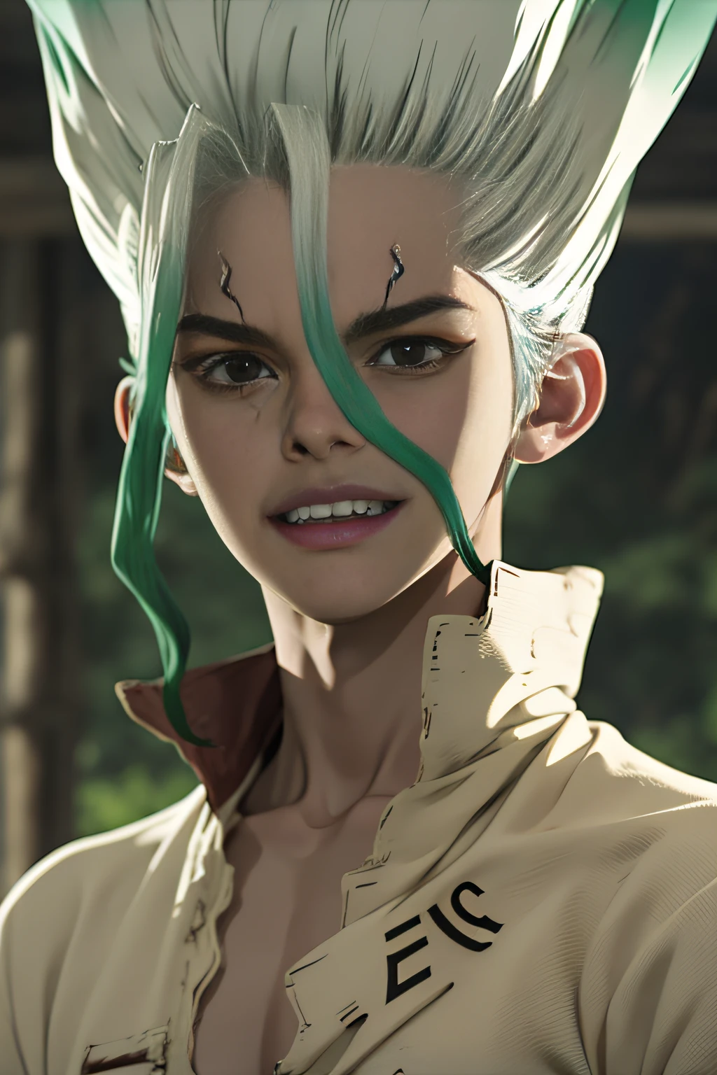 boy, Senku Ishigami photorealistic photo, best looking , looking diectly at the camera, best lit environment, mix hair colour, red eyes, Dr. Stone, anime style, best art award winning, mid shot photo, senku is smiling.