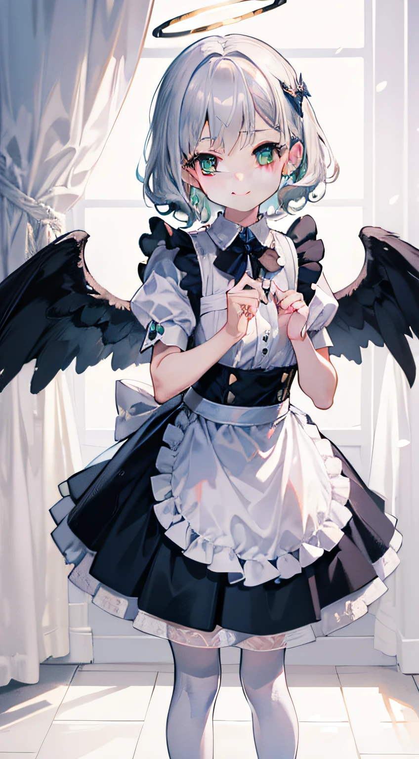 tmasterpiece, Best quality at best, High quality facial care,Yuuri Saki Mika,The stands up,bedroom wake up call,1 five year old girl, silver bob short hair, Side hair is long and curly,Green-eyed, Maid skirt,White stockings,Three pairs of angel wings,angelic halo,ssmile,
