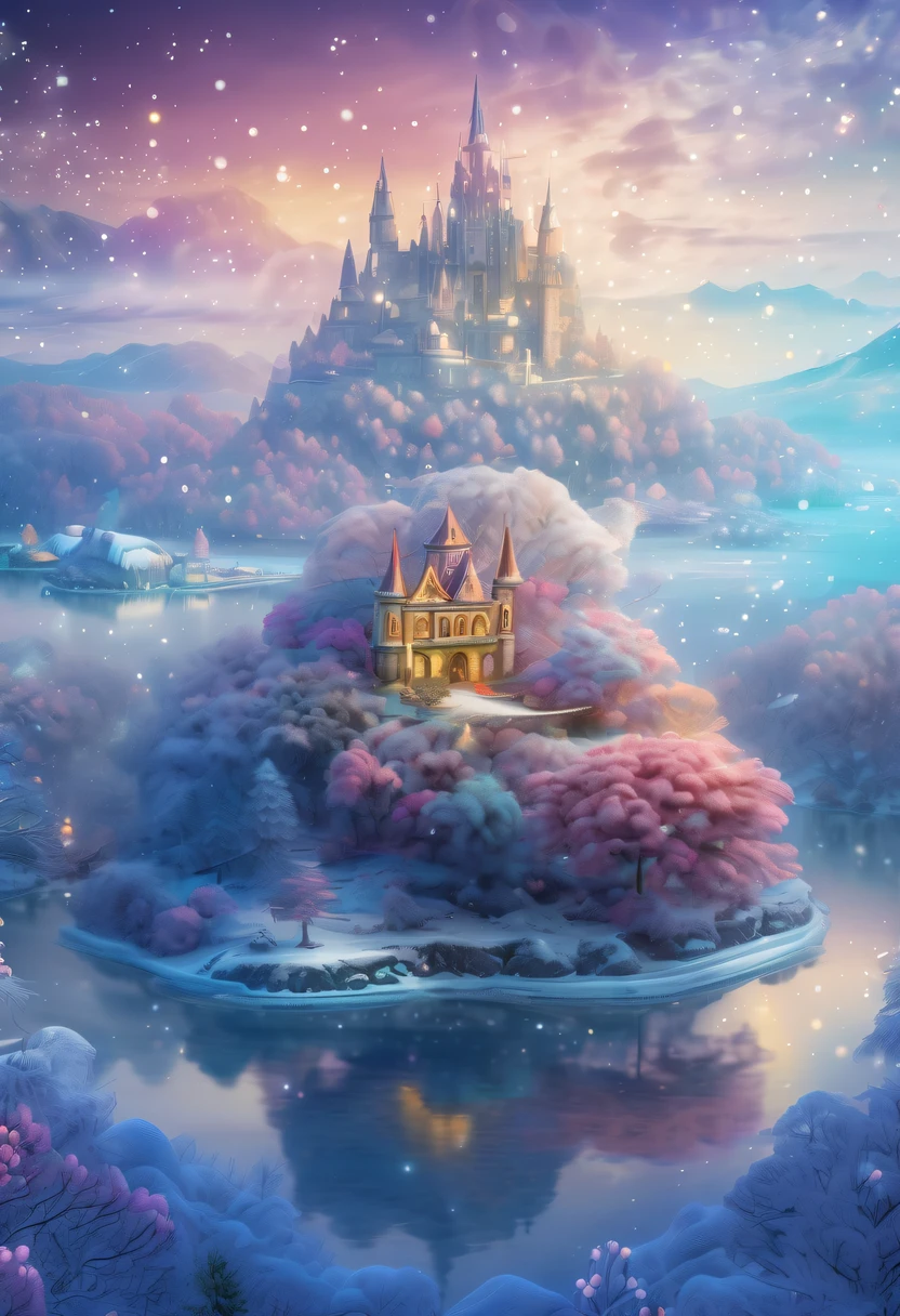 winter landscape，Surreal wonderland，Dreamy cloud and fairy island，Colorful snowflakes are flying，A princess&#39;The palace is covered with snow，The tree of life blooms with endless vitality，Twinkling stars in the night sky，Overlapping clouds and fog，Whimsical fantasy landscape art, Beautiful Art Ultra HD 8K, 8K highly detailed digital art, beautiful detailed fantasy, epic dreamlike fantasy landscape, Mysterious and dreamy scenery, Magic fantasy is very detailed, magical scenery, composed...consist of ,  and Snow Fantasy Floating Fairy Island, detailed fantasy digital art, 8K detailed digital art