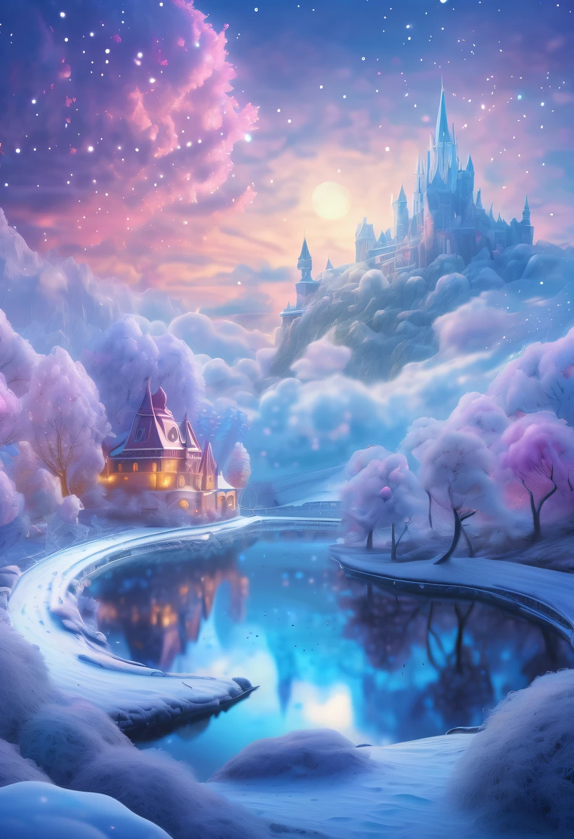 winter landscape,Surreal wonderland,Dreamy cloud and fairy island,Colorful snowflakes are flying,A princess'The palace is covered with snow,The tree of life blooms with endless vitality,Twinkling stars in the night sky,Overlapping clouds and fog,Whimsical fantasy landscape art, Beautiful Art Ultra HD 8K, 8K highly detailed digital art, beautiful detailed fantasy, epic dreamlike fantasy landscape, Mysterious and dreamy scenery, Magic fantasy is very detailed, magical scenery, composed...consist of , and Snow Fantasy Floating Fairy Island, detailed fantasy digital art, 8K detailed digital art
