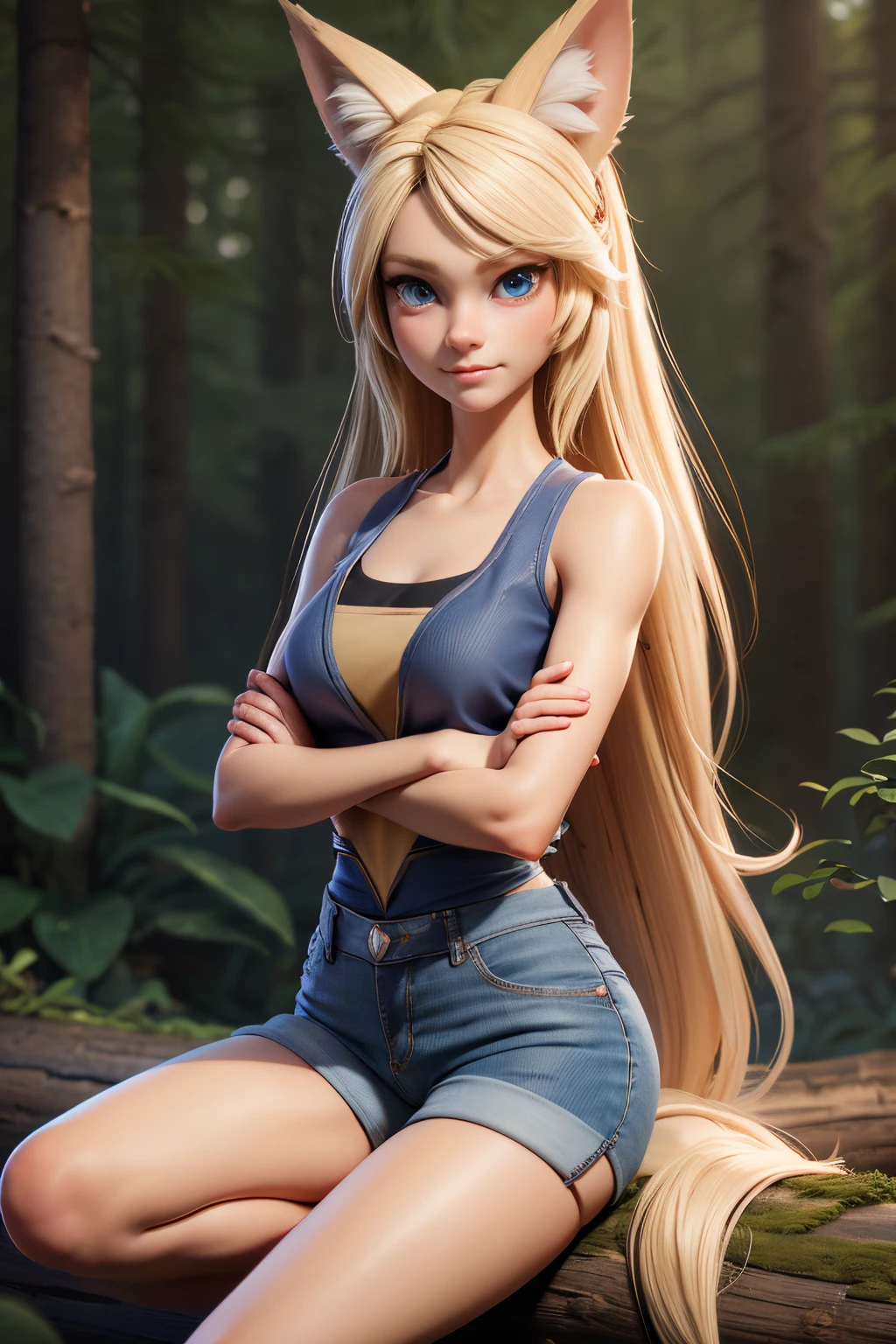 Beautiful 1girl, full body, teenager, solo, (very long waist length blonde hair, straight blonde hair: 1.28), ((light blue eyes)), clear skin, (large darker fox ears: 1.35), pale skin, ??????????????, cleavage, (thin ????, thin waist , athletic body: 1.25),  background, looking away, ((wearing cropped tank top, blue jean shorts ripped, hair clip: 1.1), looking at viewer, (arms crossed sitting down on log: 1.22),), groping ?????, kneeling in the forest, masterpiece, best quality,3d rending work ,3DMM style, close-up, portrait, 3D,