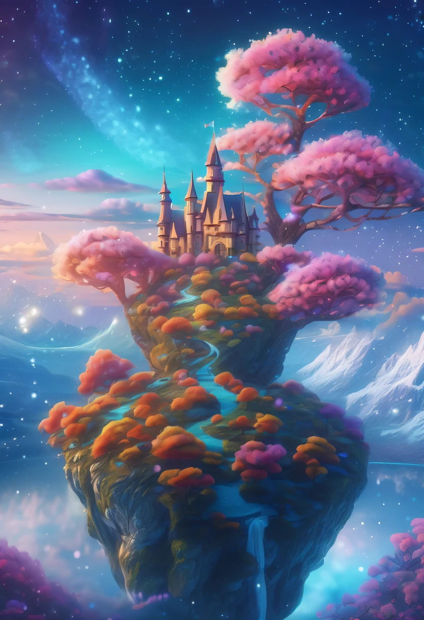 winter landscape,Surreal wonderland,Dreamy cloud and fairy island,Colorful snowflakes are flying,A princess'The palace is covered with snow,The tree of life blooms with endless vitality,Twinkling stars in the night sky,Overlapping clouds and fog,Whimsical fantasy landscape art, Beautiful Art Ultra HD 8K, 8K highly detailed digital art, beautiful detailed fantasy, epic dreamlike fantasy landscape, Mysterious and dreamy scenery, Magic fantasy is very detailed, magical scenery, composed...consist of , and Snow Fantasy Floating Fairy Island, detailed fantasy digital art, 8K detailed digital art