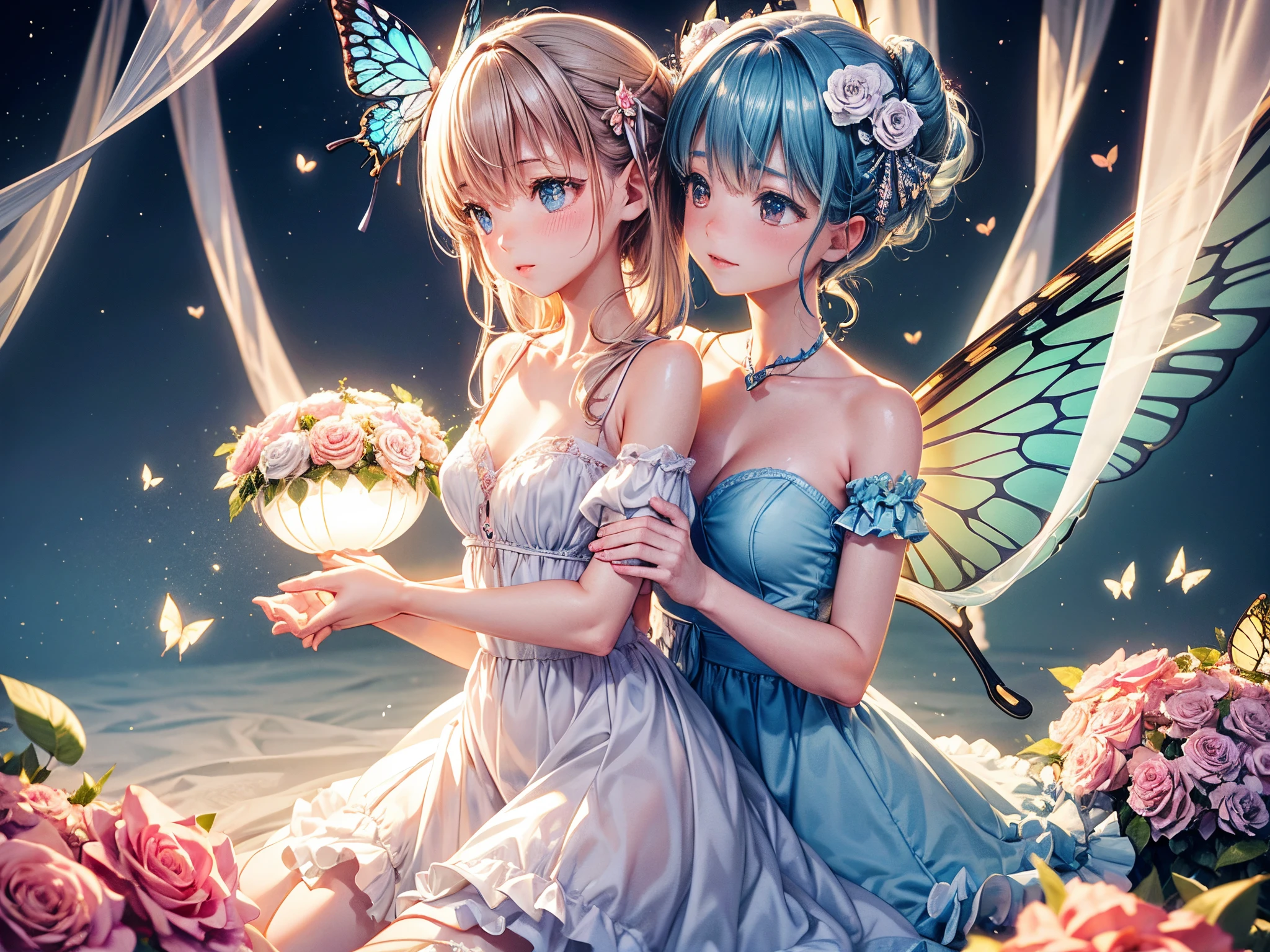 Craft a dreamy atmosphere where 3D roses transform into delicate fractal butterflies, fluttering around hearts that emit a soft glow, creating an enchanted scene of fleeting love.
