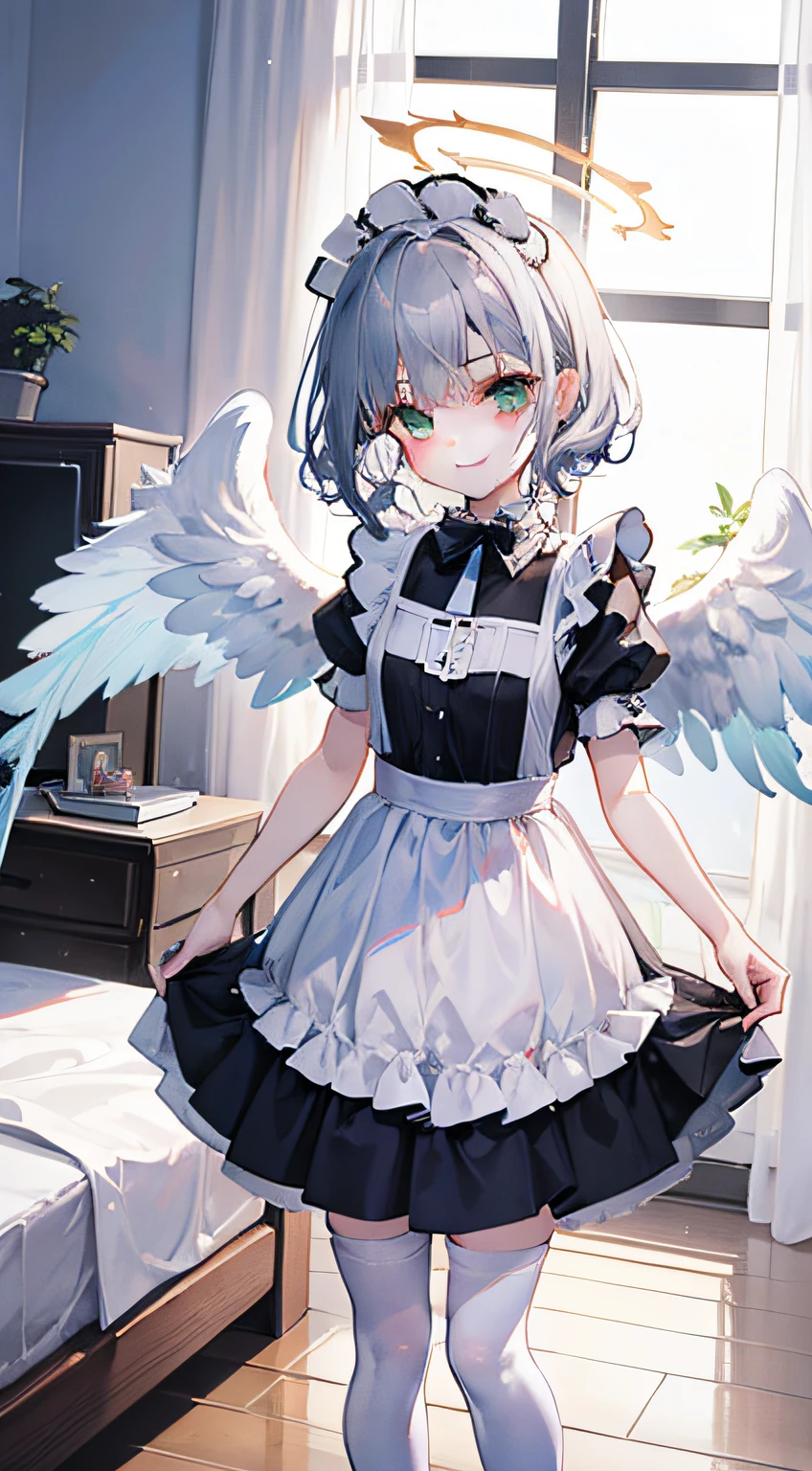 tmasterpiece, Best quality at best, High quality facial care,Yuuri Saki Mika,The stands up,bedroom wake up call,1 five year old girl, silver bob short hair, Side hair is long and curly,Green-eyed, Maid skirt,White stockings,Three pairs of angel wings,angelic halo,ssmile,