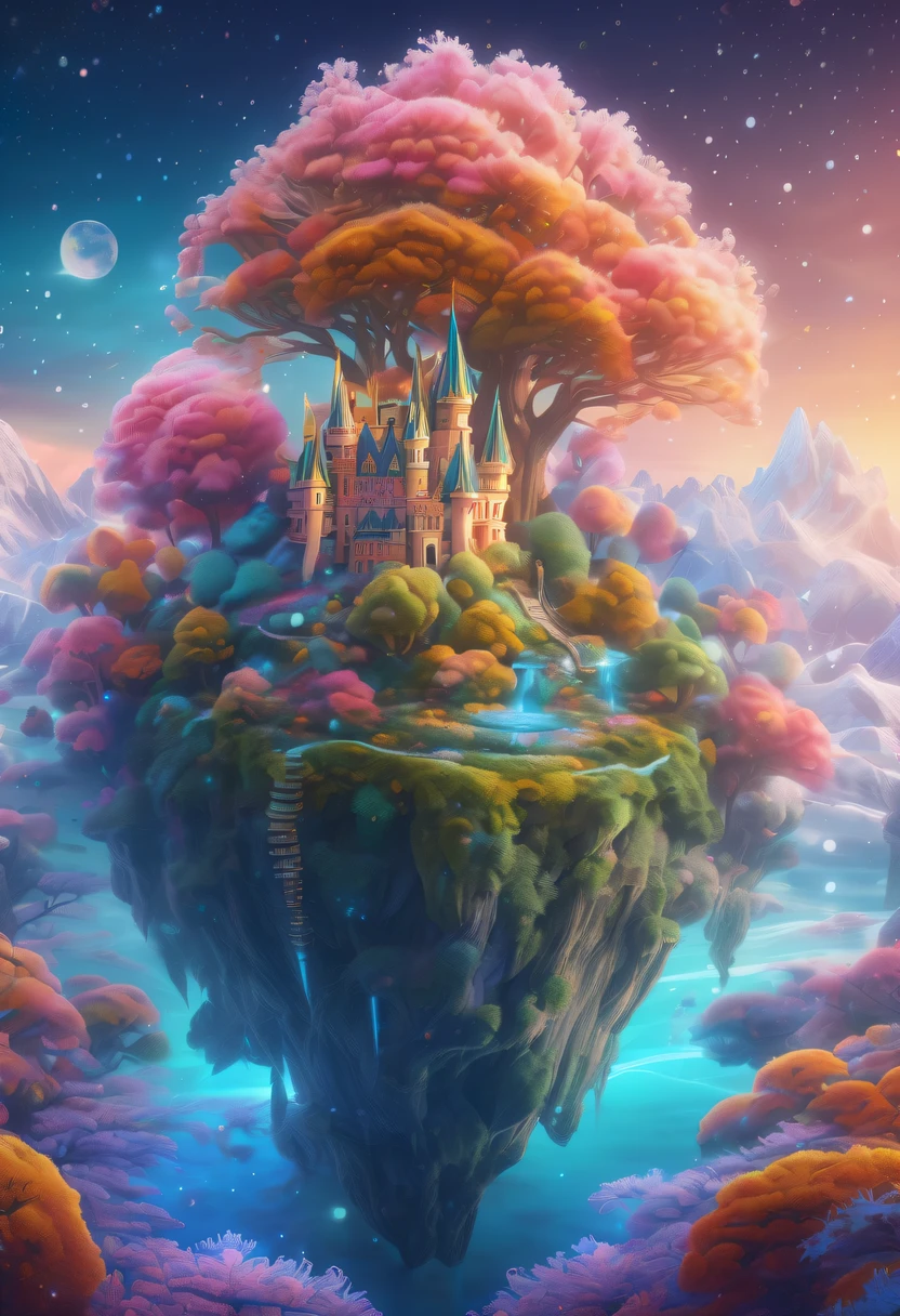 winter landscape,Surreal wonderland,Dreamy cloud and fairy island,Colorful snowflakes are flying,A princess'The palace is covered with snow,The tree of life blooms with endless vitality,Twinkling stars in the night sky,Overlapping clouds and fog,Whimsical fantasy landscape art, Beautiful Art Ultra HD 8K, 8K highly detailed digital art, beautiful detailed fantasy, epic dreamlike fantasy landscape, Mysterious and dreamy scenery, Magic fantasy is very detailed, magical scenery, composed...consist of , and Snow Fantasy Floating Fairy Island, detailed fantasy digital art, 8K detailed digital art