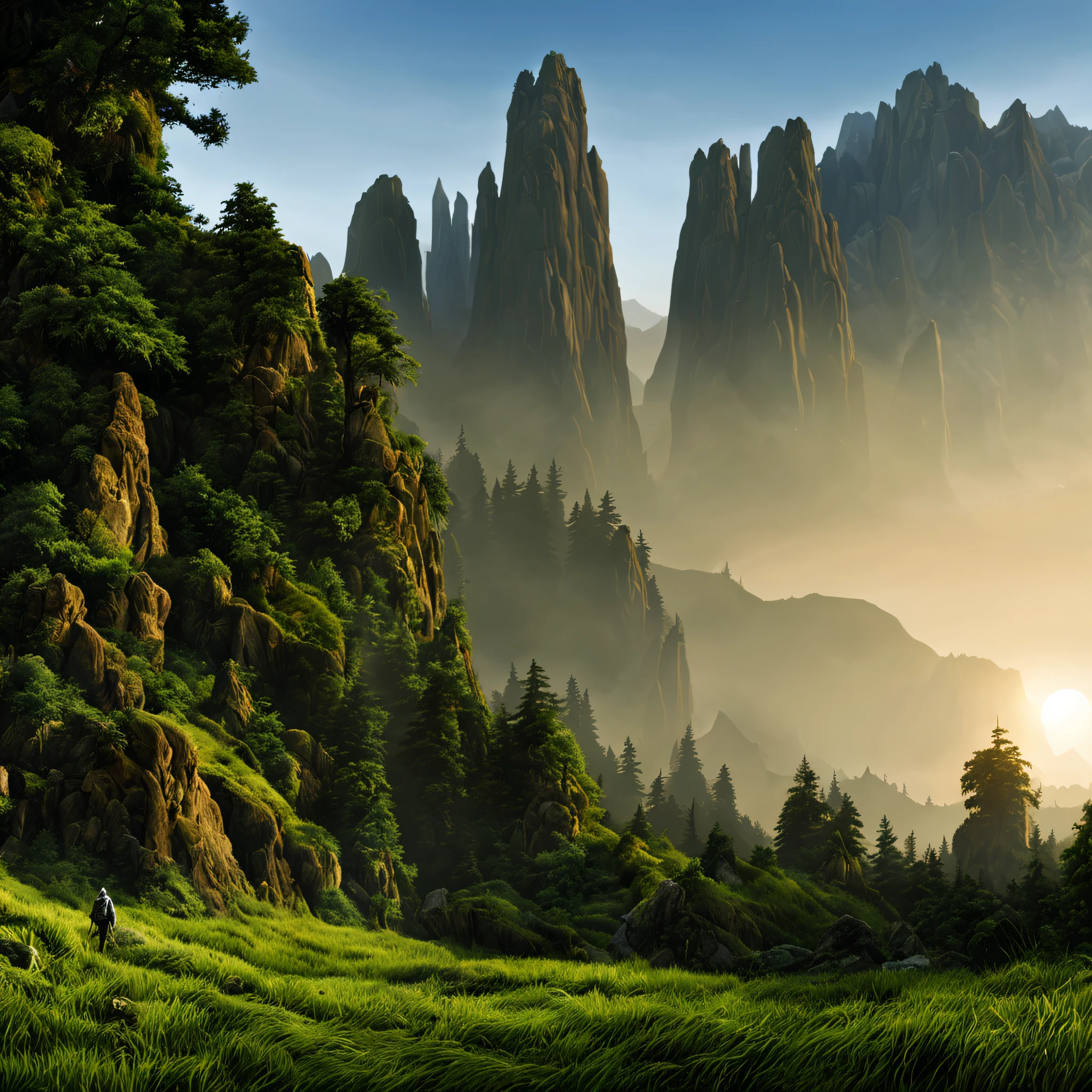 create a digital matte painting of a forest landscape with many tall green trees, with giant rocky mountains in a science fiction movie setting with ancient stone temples embedded in high rocks, the scene takes place in a clearing in the center of a dense and wide forest of trees and giant plants,in the sky of this illustration, um astronauta masculino com uniforme branco caminha em uma estrada de pedras perto em frente e uma escadaria gigante de um templo, Close detalhado e realista do astronauta, detalhamento da roupa espacial do astronauta, add a field full of red flower buds on the green grass ground next to a path next to the green grass towards the large forest and situated in the background of the scene against the background of a blue sky with white 3D clouds, ultra realism in the matte painting cinematography of the illustration based on the matte painting art of artist Albert Whitlock
