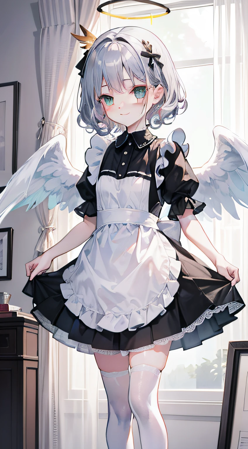 tmasterpiece, Best quality at best, High quality facial care，Yuuri Saki Mika，The stands up，bedroom wake up call，1 five year old girl, silver bob short hair, Side hair is long and curly，Green-eyed, Maid skirt,White stockings，Three pairs of angel wings，angelic halo，ssmile，