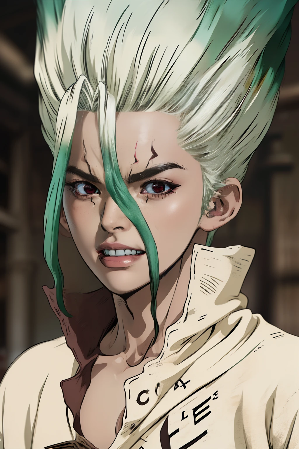 boy, Senku Ishigami photorealistic photo, best looking , looking diectly at the camera, best lit environment, mix hair colour, red eyes, Dr. Stone, anime style, best art award winning, mid shot photo, senku is smiling.