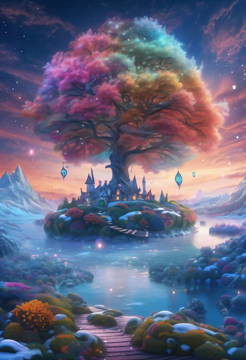 winter landscape,Surreal wonderland,Dreamy cloud and fairy island,Colorful snowflakes are flying,The tree of life blooms with endless vitality,Twinkling stars in the night sky,Overlapping clouds and fog,Whimsical fantasy landscape art, Beautiful art Ultra HD 4K, 4k highly detailed digital art, beautiful detailed fantasy, epic dreamlike fantasy landscape, Mysterious and dreamy scenery, Magic fantasy is very detailed, magical scenery, composed...consist of , and Snow Fantasy Floating Fairy Island, detailed fantasy digital art, 4k detailed digital art