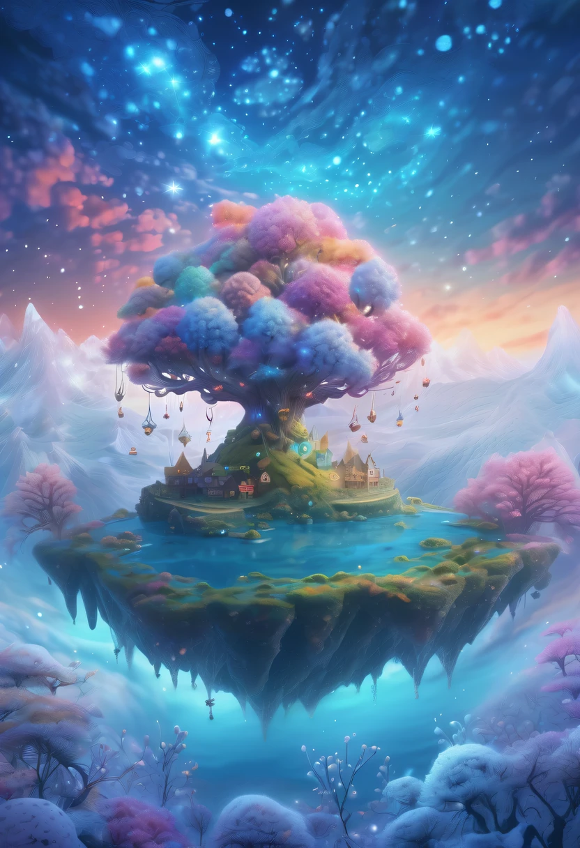 winter landscape,Surreal wonderland,Dreamy cloud and fairy island,Colorful snowflakes are flying,The tree of life blooms with endless vitality,Twinkling stars in the night sky,Overlapping clouds and fog,Whimsical fantasy landscape art, Beautiful art Ultra HD 4K, 4k highly detailed digital art, beautiful detailed fantasy, epic dreamlike fantasy landscape, Mysterious and dreamy scenery, Magic fantasy is very detailed, magical scenery, composed...consist of , and Snow Fantasy Floating Fairy Island, detailed fantasy digital art, 4k detailed digital art