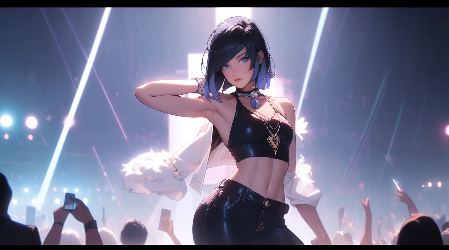 Yelan|genshin impact, master-piece, bestquality, (1 girl : 1.5),25 years old, shorts jeans, crop top, mediuml breasts, Beautiful breasts, bara, Long Jeans, Splash with purple lightning pattern., arm behind back, Thigh strap, Head tilt, bored, Music Festival BG, Concert , Stage , Audience