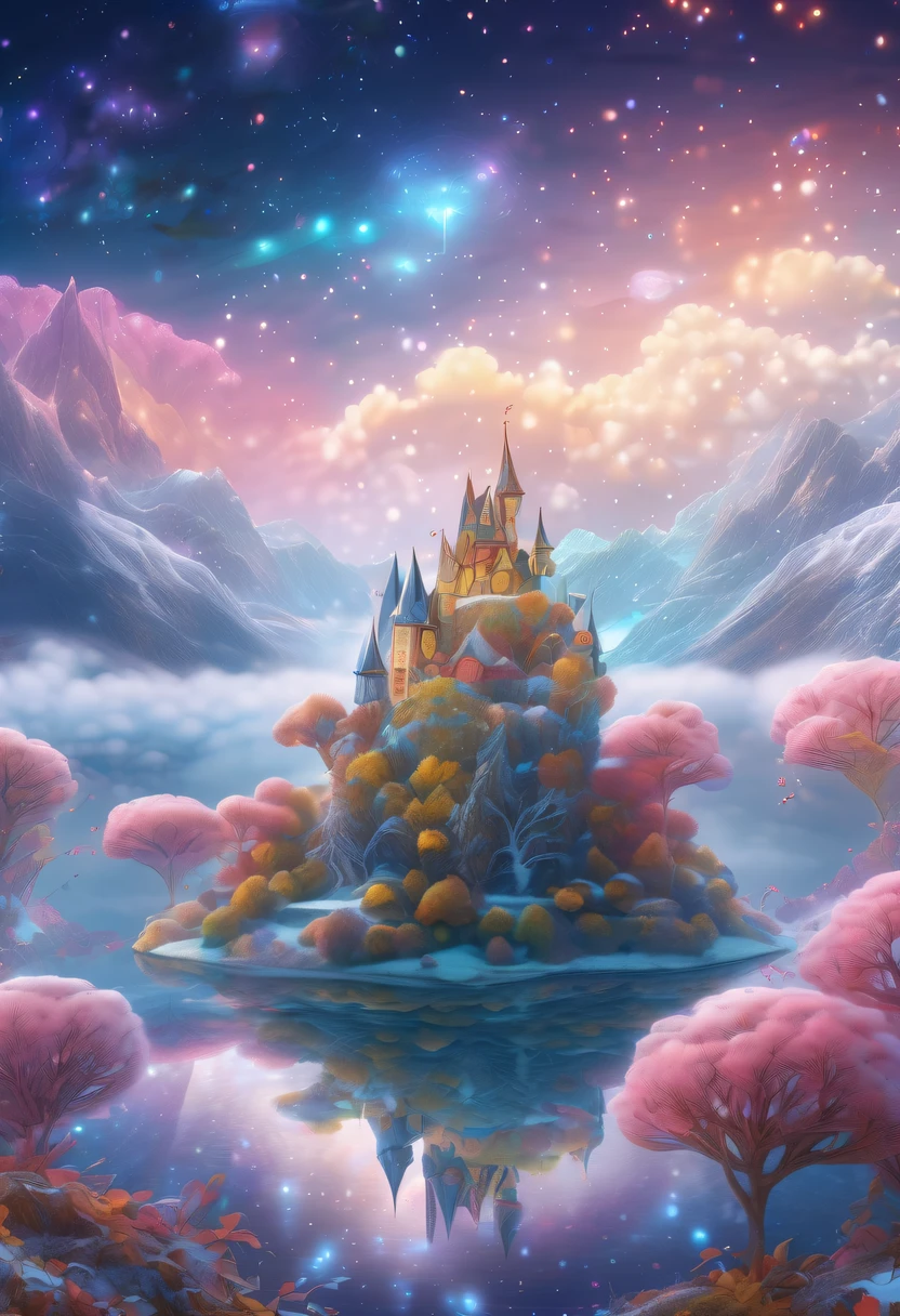 winter landscape,Surreal wonderland,Dreamy cloud and fairy island,Colorful snowflakes are flying,The tree of life blooms with endless vitality,Twinkling stars in the night sky,Overlapping clouds and fog,Whimsical fantasy landscape art, Beautiful art Ultra HD 4K, 4k highly detailed digital art, beautiful detailed fantasy, epic dreamlike fantasy landscape, Mysterious and dreamy scenery, Magic fantasy is very detailed, magical scenery, composed...consist of , and Snow Fantasy Floating Fairy Island, detailed fantasy digital art, 4k detailed digital art