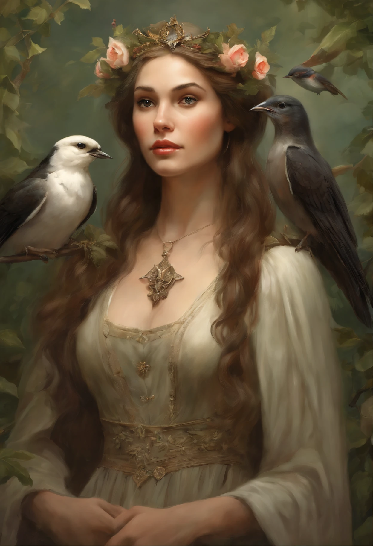 真实感, a painting, Fantastic tale, Christmas style, John Tolkien style, Small painting by Jean-Baptiste Monge, A girl, Arafed image of a girl with a crown and flowers, birds field swallows (anatomically correct physique) on the shoulders, beautiful fantasy art portrait, beautiful fantasy portrait, fantasy art portrait, Detailed matte fantasy portrait, fantasy portrait art, fantasy portrait, fantasy concept art portrait, beautiful fantasy maiden, portrait of an elf queen, beautiful fantasy art, beautiful character painting, ((The beautiful imagination of the Empress, Beautiful maiden with birds, swallows (anatomically correct physique) , a beautiful fantasy empress, Jean-Baptiste Monge, anthropomorphic --ar 2:3 --testp -optimistic; Straight hair