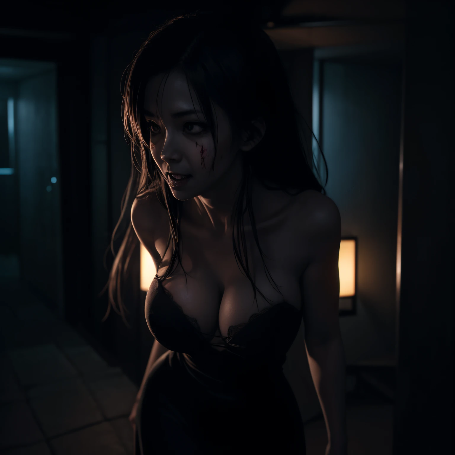 Female, Ghost, Sexy, Big Breasts, 8K, Half Naked, High Resolution, Hospital, Night Time, Horror, Scary Face, Fly, Angry, Nightmare, Japanese, Dark Horror, Death, Zombie, Apocalypse, Smile