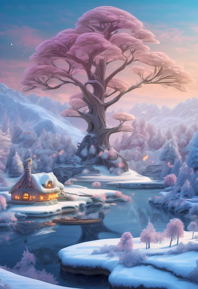 winter landscape,Surreal wonderland,Whimsical fantasy landscape art, Beautiful Art UHD 4K, 4k highly detailed digital art, beautiful detailed fantasy, epic dreamlike fantasy landscape, Mysterious and fantastic scenery, Magic fantasy is very detailed, magical scenery, Composed of trees and a fantasy valley, detailed fantasy digital art, 4k detailed digital art