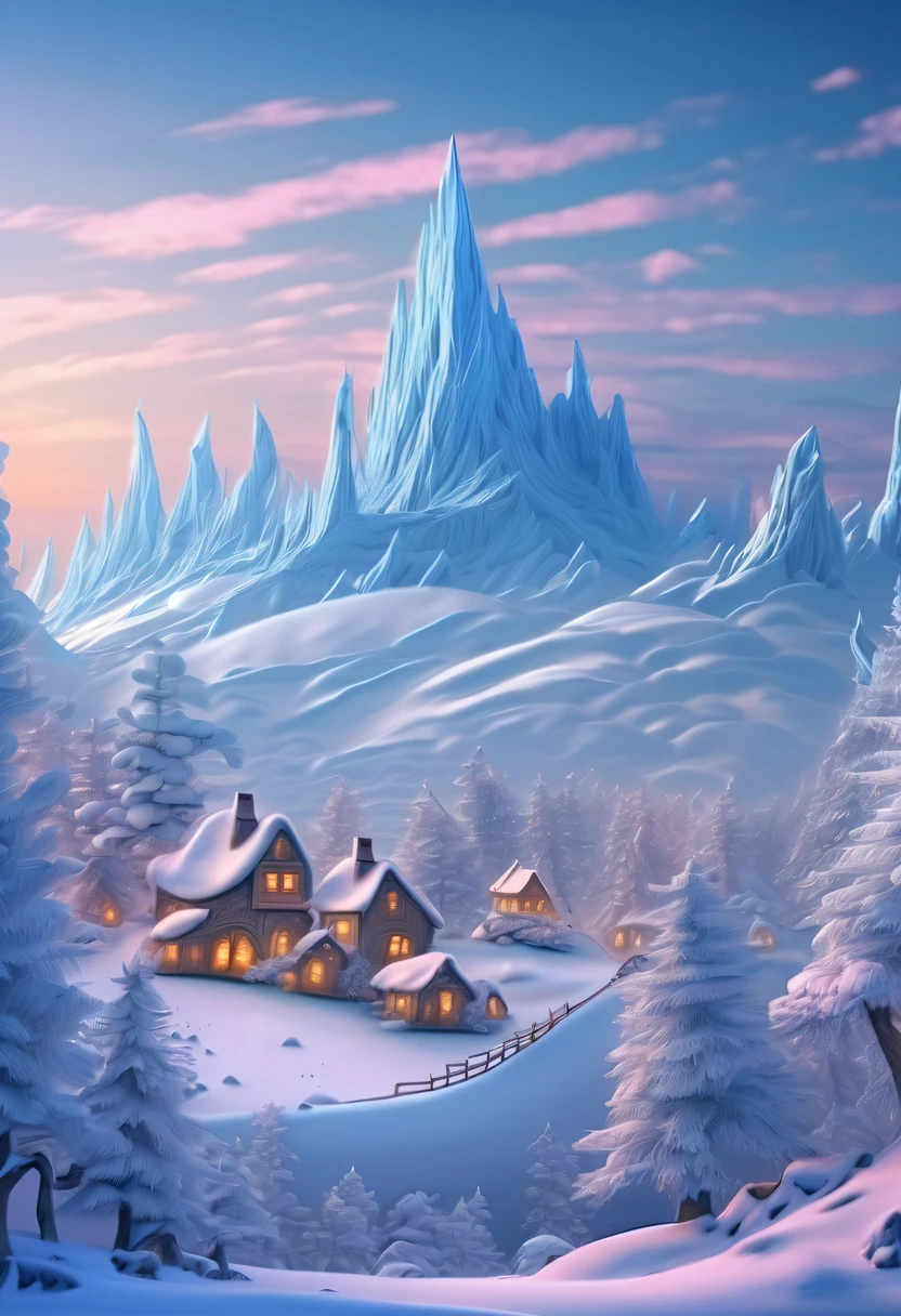 winter landscape，Surreal wonderland，Whimsical fantasy landscape art, Beautiful Art UHD 4K, 4k highly detailed digital art, beautiful detailed fantasy, epic dreamlike fantasy landscape, Mysterious and fantastic scenery, Magic fantasy is very detailed, magical scenery, Composed of trees and a fantasy valley, detailed fantasy digital art, 4k detailed digital art