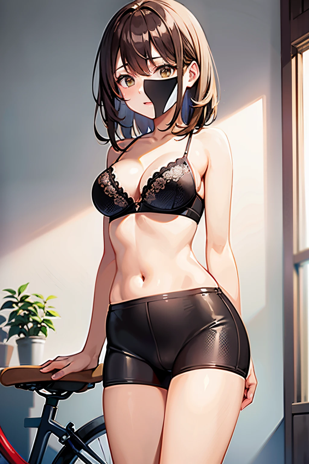 best quality, ultra high res, 1girl, Medium hair, brown hair, Brown eyes, bike shorts, black bra