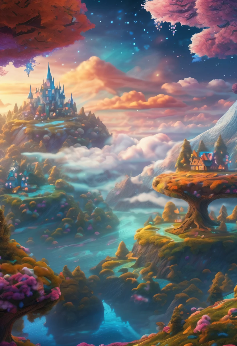 Dreamy cloud and fairy island,winter landscape,Snow country glitters,like a dream,Surreal wonderland,Overlapping clouds and fog,Colorful snowflakes are flying,The tree of life blooms with endless vitality,Twinkling stars in the night sky,Whimsical fantasy landscape art, Beautiful Art UHD 4K, 4k highly detailed digital art, beautiful detailed fantasy, epic dreamlike fantasy landscape, Mysterious and fantastic scenery, Magic fantasy is very detailed, magical scenery, Composed of trees and a fantasy valley, detailed fantasy digital art, 4k detailed digital art