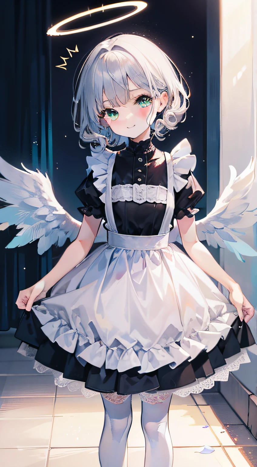 tmasterpiece, Best quality at best, High quality facial care,Yuuri Saki Mika,The stands up,bedroom wake up call,1 five year old girl, silver bob short hair, Side hair is long and curly,Green-eyed, Maid skirt,White stockings,Three pairs of angel wings,angelic halo,ssmile,