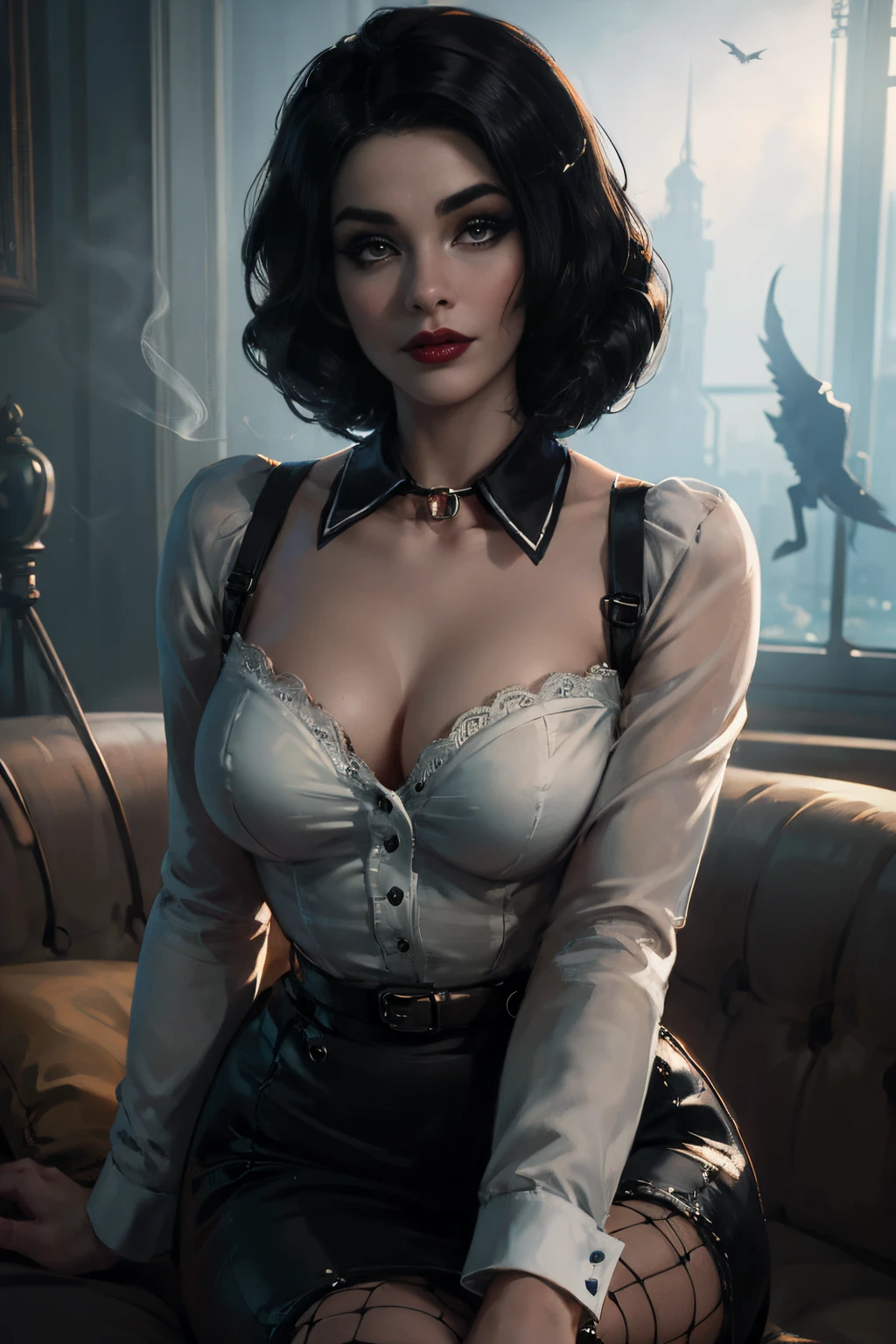 ( there is a woman holding a cigarette in her hand ),( Elizabeth from Burial at Sea ) (realistic:1.5), (fully dressed), ((female in 1950 hair short hair style a white long-sleeved blouse, her bird cameo, a black knee-length tight fitted skirt with a red belt, fishnet stockings and black heels with an ankle strap. Her hairstyle is brushed out pin curls and she wears make-up. )), (long black skirt:1.2) (white shirt:1.2) (masterpiece), (specular lighting:1.3), (hyperrealistic:1.2), (photorealistic face:1.2), (perfect face), (perfect eyeest quality), (there is a woman holding a cigarette in her hand, elizabeth from bioshock Burial at Sea, dramatic smoking pose, epic and classy portrait, beautiful , with smoke, cigarette, bioshock steampunk portrait ), (4k), sharp focus, octane render, best quality, extremely detailed, intricate, fantasy, soft lighting, (curvy:1.3), ( big eyes :1.3), (futanari:1.2), thick eyelashes, long eyelashes, ( slim ), smile, ((1950:1.5)), ( red lips, long eyelashes, mascara, eyeliner, eyeshadow, makeupt:1.3), cosy, looking at viewer, detailed skin , zfuta futanari, (erection:1.4)