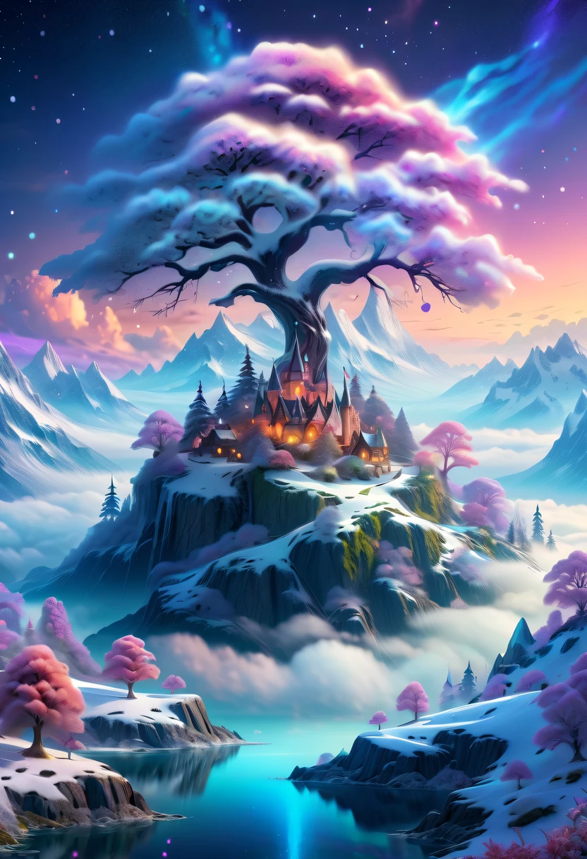 Dream Island in the Sea of Clouds,winter landscape,Snow country glitters,like a dream,Surreal wonderland,Overlapping clouds and fog,Colorful snowflakes are flying,The tree of life blooms with endless vitality,Twinkling stars in the night sky,Whimsical fantasy landscape art, Beautiful art Ultra HD 4K, 4k highly detailed digital art, beautiful detailed fantasy, epic dreamlike fantasy landscape, Mysterious and dreamy scenery, Magic fantasy is very detailed, magical scenery, Composed of trees and a fantasy valley, detailed fantasy digital art, 4K detailed digital art and more