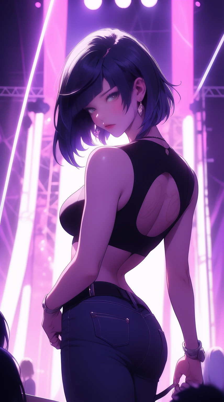1girl,a beautiful fashion model ,(masterpiece, official art, best quality) (perfect eyes) , short and shiny dark blue hair, black streaks in hair, full lips, cute nose, medium , , elegant makeup, exhibitionism, naked in public, , slim thighs, toned body, shiny skin, sexy pose,,(( (slender, skinny, slim))), gold hoop earrings, eyeshadow, cute face, (((girl with man))) embarrassed, coy, surprised, blush, glittery skin, girl dancing on stage, skinny thighs, narrow hips, skirt lift, red and silver OUTFIT, slutty top, abs, toned stomach, chloe price