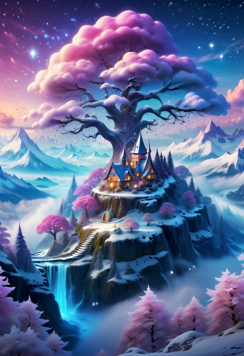 Dream Island in the Sea of Clouds,winter landscape,Snow country glitters,like a dream,Surreal wonderland,Overlapping clouds and fog,Colorful snowflakes are flying,The tree of life blooms with endless vitality,Twinkling stars in the night sky,Whimsical fantasy landscape art, Beautiful art Ultra HD 4K, 4k highly detailed digital art, beautiful detailed fantasy, epic dreamlike fantasy landscape, Mysterious and dreamy scenery, Magic fantasy is very detailed, magical scenery, Composed of trees and a fantasy valley, detailed fantasy digital art, 4K detailed digital art and more