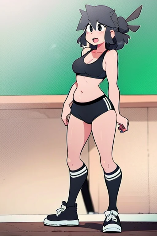 blue sports bra, black spandex shorts, spankies, boyshorts, knee high socks, sneakers, full body, standing