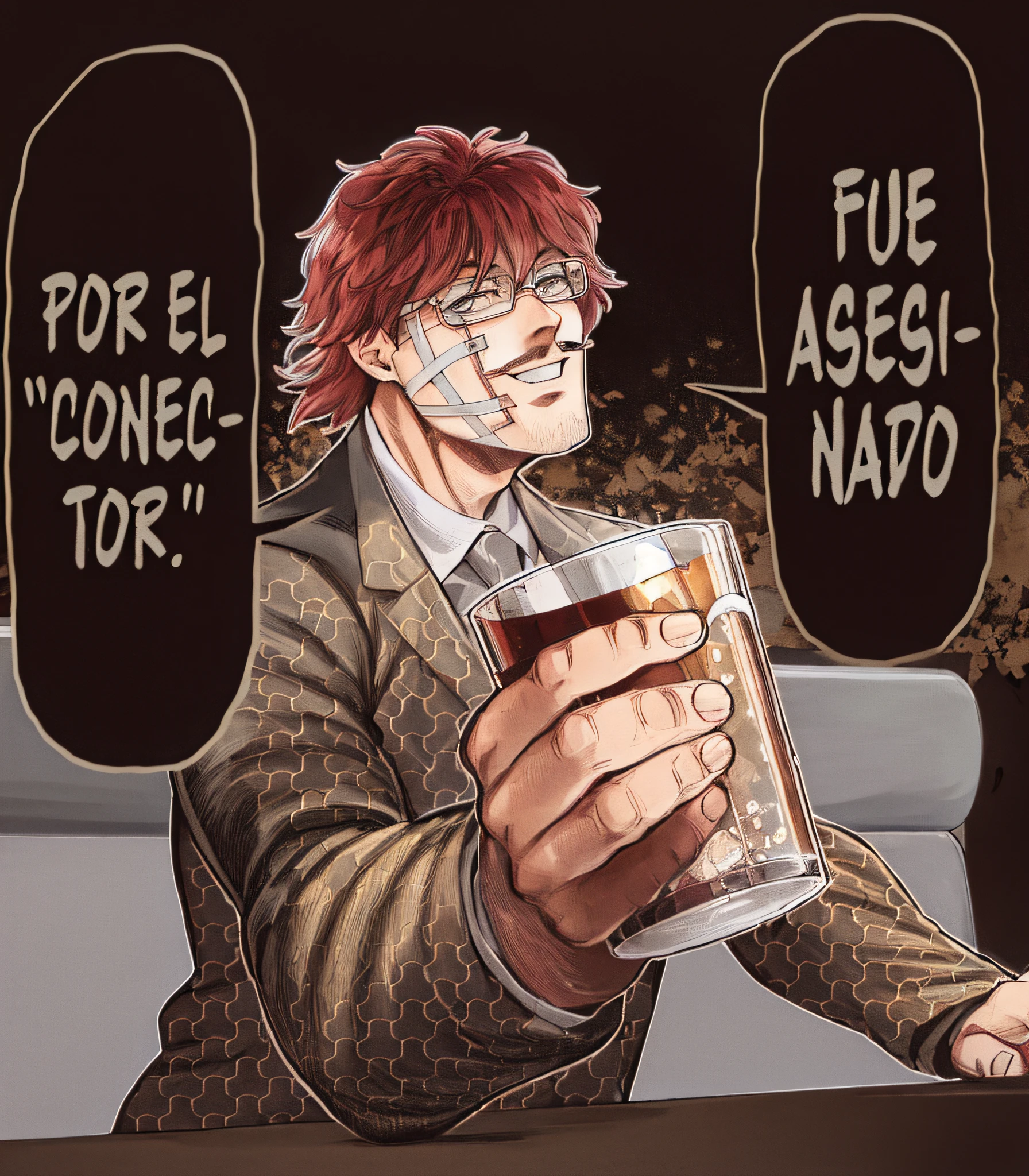 Una imagen de un hombre sosteniendo un vaso de cerveza con una leyenda encima, traje color de cuero, parche en la cara, estilo manga