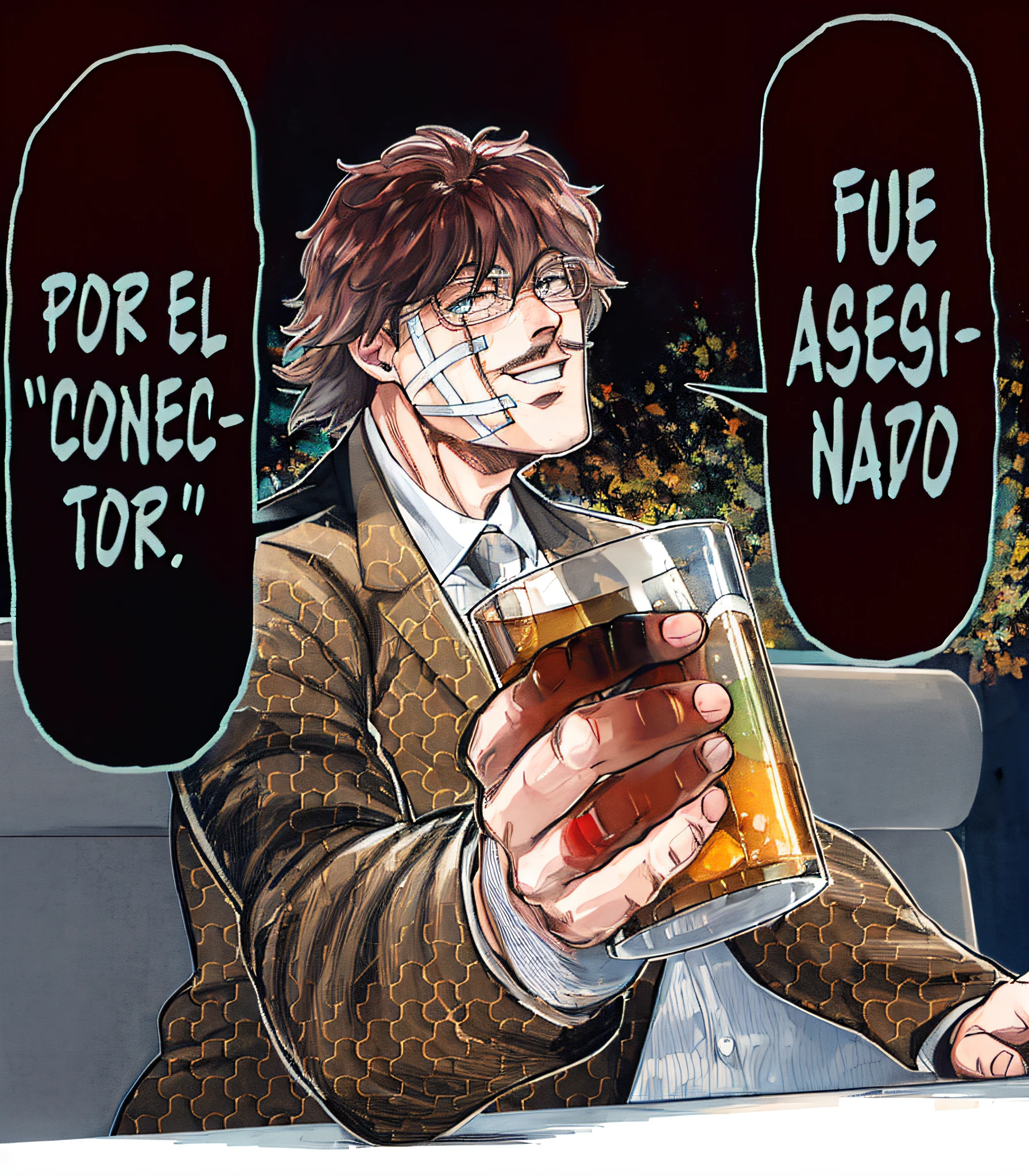 Una imagen de un hombre sosteniendo un vaso de cerveza con una leyenda encima, traje color de cuero, parche en la cara, estilo manga