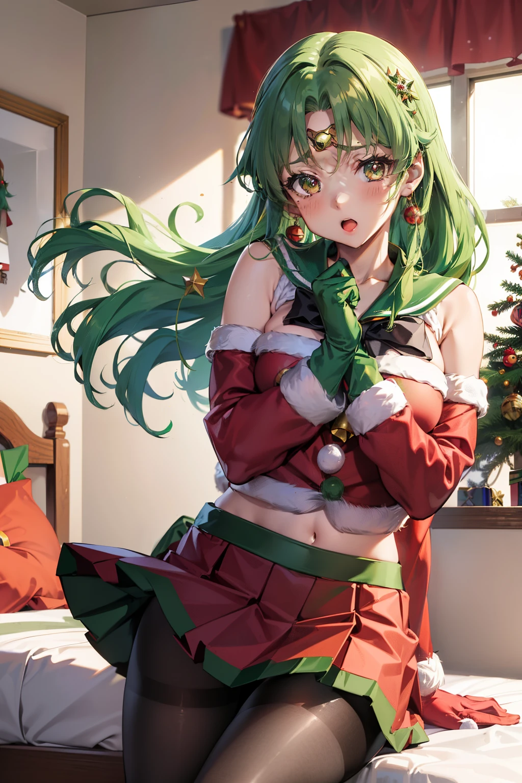 masutepiece, Best Quality, 1girl in, (Sailor Neptune),Green head hair, (Green eye:1.2),(((Santa Claus clothes)))、((a miniskirt))、length hair、((embarassed expression))、((Bedroom))、((Red jacket))、((Long gloves))、((pantyhose))、((a red skirt))