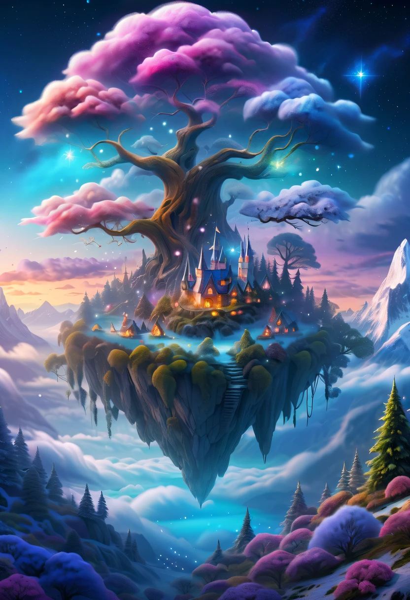 Dreamy cloud and fairy island,winter landscape,Snow country glitters,like a dream,Surreal wonderland,Overlapping clouds and fog,Colorful snowflakes are flying,The tree of life blooms with endless vitality,Twinkling stars in the night sky,Whimsical fantasy landscape art, Beautiful Art UHD 4K, 4k highly detailed digital art, beautiful detailed fantasy, epic dreamlike fantasy landscape, Mysterious and fantastic scenery, Magic fantasy is very detailed, magical scenery, Composed of trees and a fantasy valley, detailed fantasy digital art, 4K detailed digital art and more