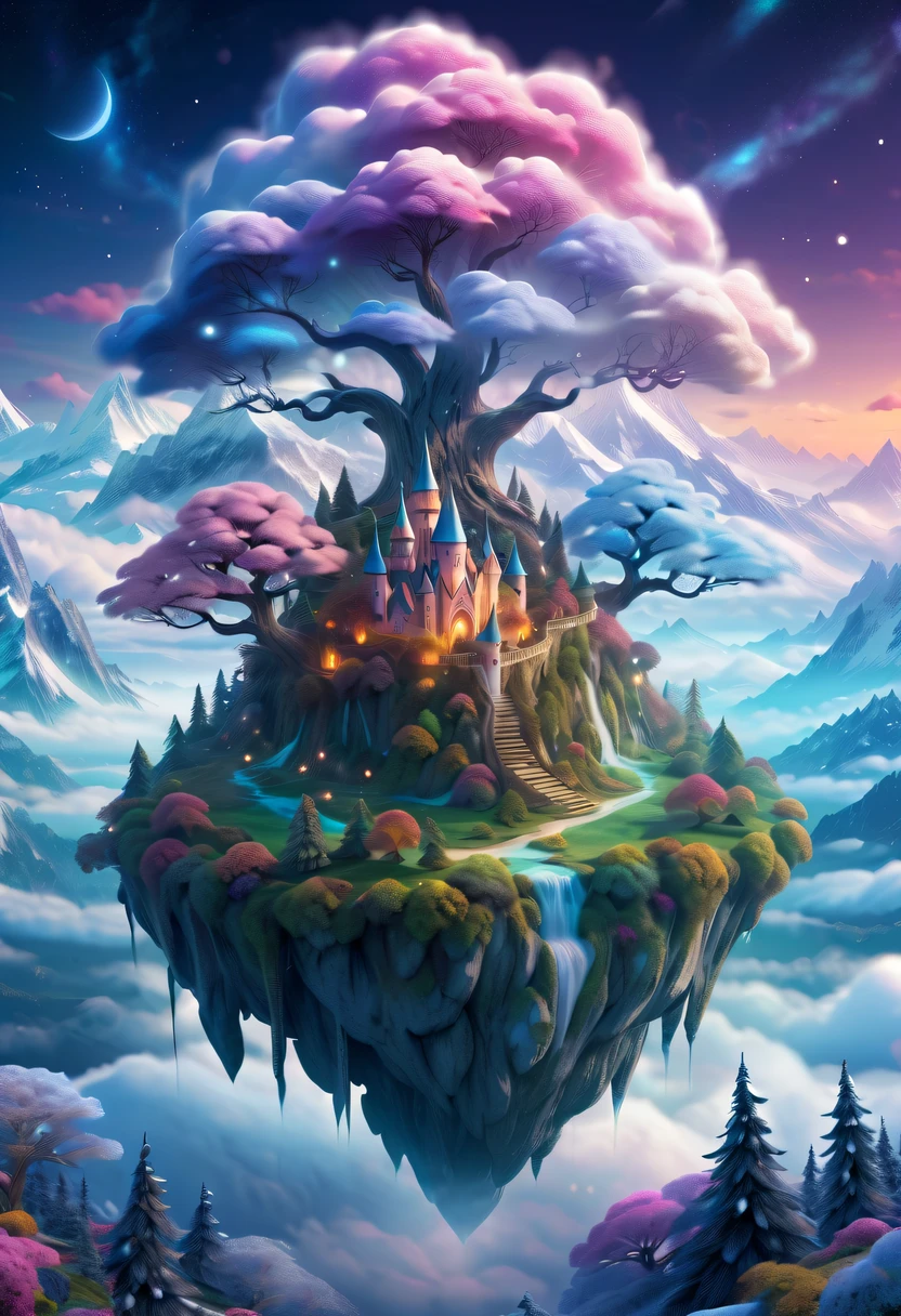 Dreamy cloud and fairy island,winter landscape,Snow country glitters,like a dream,Surreal wonderland,Overlapping clouds and fog,Colorful snowflakes are flying,The tree of life blooms with endless vitality,Twinkling stars in the night sky,Whimsical fantasy landscape art, Beautiful Art UHD 4K, 4k highly detailed digital art, beautiful detailed fantasy, epic dreamlike fantasy landscape, Mysterious and fantastic scenery, Magic fantasy is very detailed, magical scenery, Composed of trees and a fantasy valley, detailed fantasy digital art, 4K detailed digital art and more