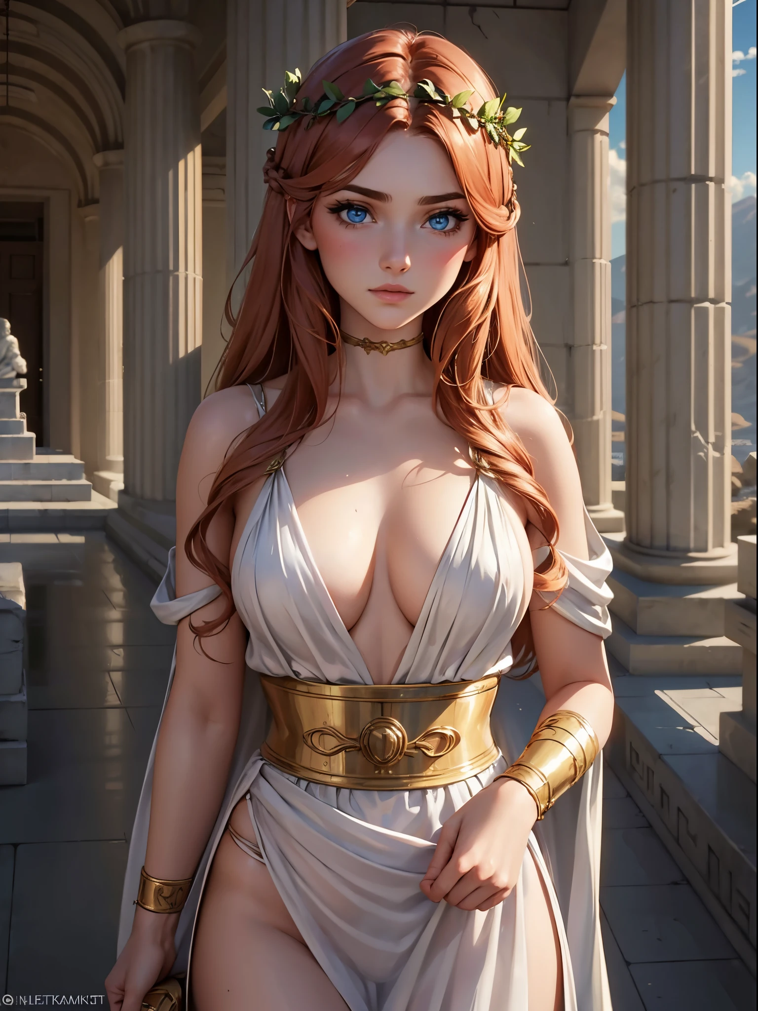(masterpiece, best quality:1.4), (8K), Young brunette beauty, (((18 years old, neat girl))), detailed blue eyes, long eyelashes, (blush), upper body, ginger hair, white-skinned, long hair, (huge breasts), Greek goddess,Garland crown,greek clothes,Tulle covers the breasts,perfectly proportioned, Detailed clothing details, Temple,marble,god statue,Cinematic lighting, lightand shade contrast