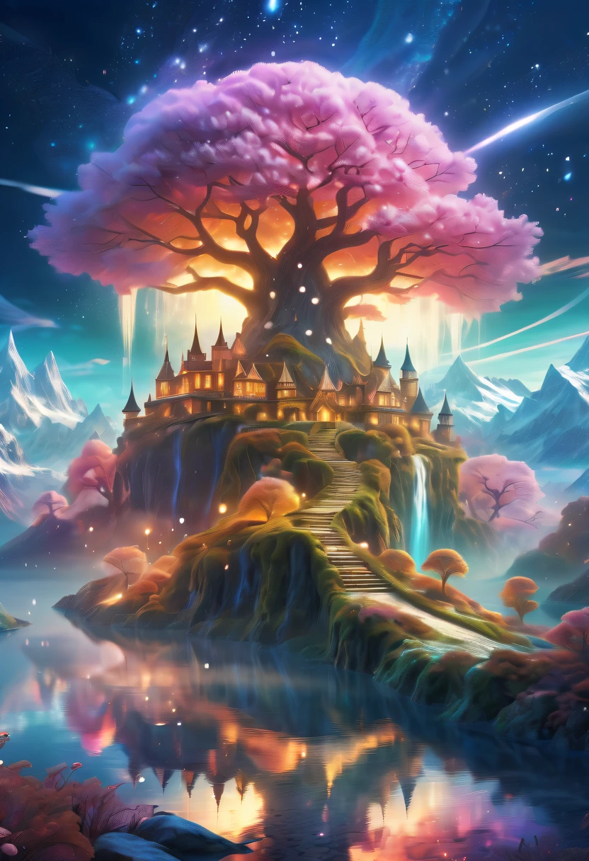 Dreamy cloud and fairy island，winter landscape，Snow country glitters，like a dream，Surreal wonderland，Overlapping clouds and fog，Colorful snowflakes are flying，The tree of life blooms with endless vitality，Twinkling stars in the night sky，Whimsical fantasy landscape art, Beautiful Art UHD 4K, 4k highly detailed digital art, beautiful detailed fantasy, epic dreamlike fantasy landscape, Mysterious and fantastic scenery, Magic fantasy is very detailed, magical scenery, Composed of trees and a fantasy valley, detailed fantasy digital art, 4K detailed digital art and more