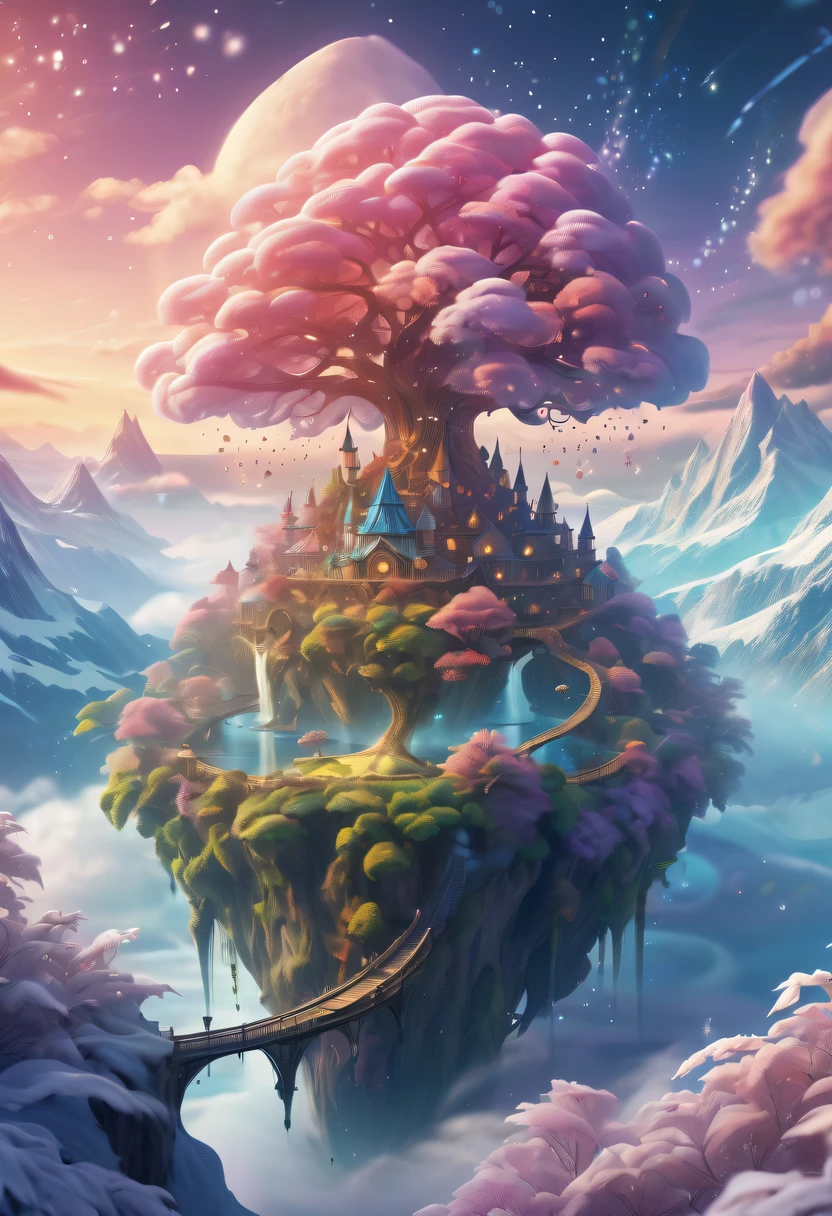 Dreamy cloud and fairy island，winter landscape，Snow country glitters，like a dream，Surreal wonderland，Overlapping clouds and fog，Colorful snowflakes are flying，The tree of life blooms with endless vitality，Twinkling stars in the night sky，Whimsical fantasy landscape art, Beautiful Art UHD 4K, 4k highly detailed digital art, beautiful detailed fantasy, epic dreamlike fantasy landscape, Mysterious and fantastic scenery, Magic fantasy is very detailed, magical scenery, Composed of trees and a fantasy valley, detailed fantasy digital art, 4K detailed digital art and more