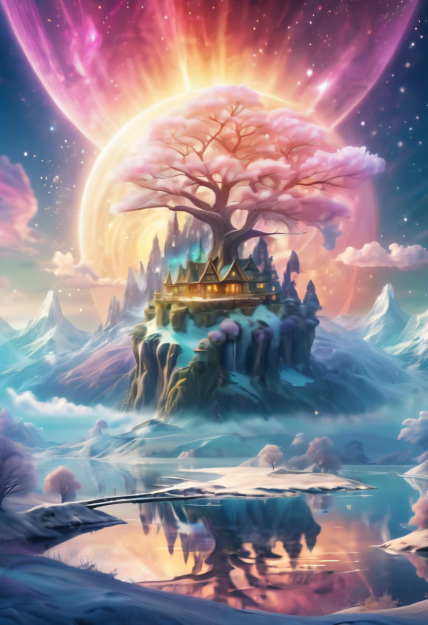 Dreamy cloud and fairy island,winter landscape,Snow country glitters,like a dream,Surreal wonderland,Overlapping clouds and fog,Colorful snowflakes are flying,The tree of life blooms with endless vitality,Twinkling stars in the night sky,Whimsical fantasy landscape art, Beautiful Art UHD 4K, 4k highly detailed digital art, beautiful detailed fantasy, epic dreamlike fantasy landscape, Mysterious and fantastic scenery, Magic fantasy is very detailed, magical scenery, Composed of trees and a fantasy valley, detailed fantasy digital art, 4K detailed digital art and more