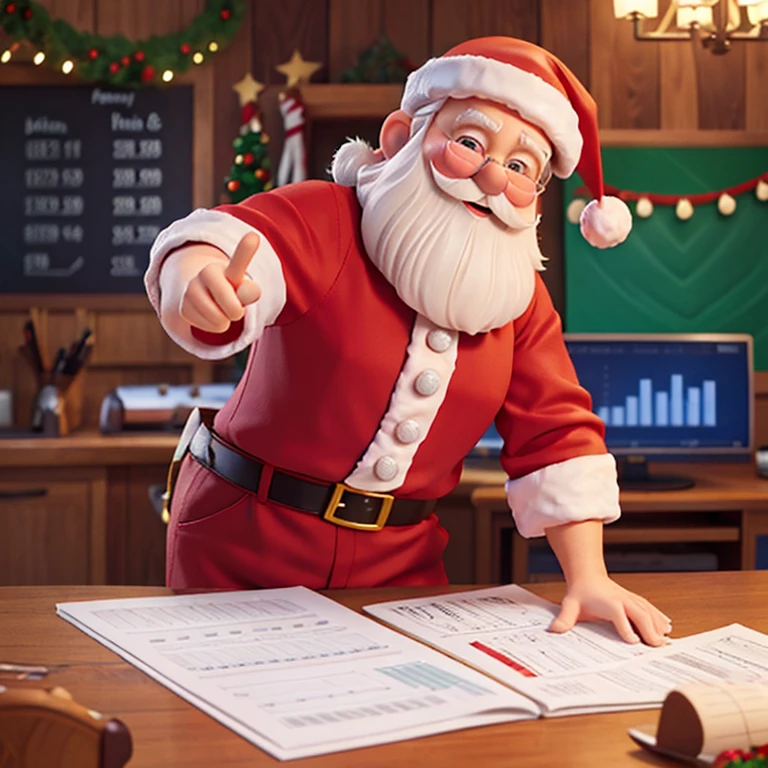 Santa Claus working with finance dashboard statistics charts graphics numbers Christmas happy funny