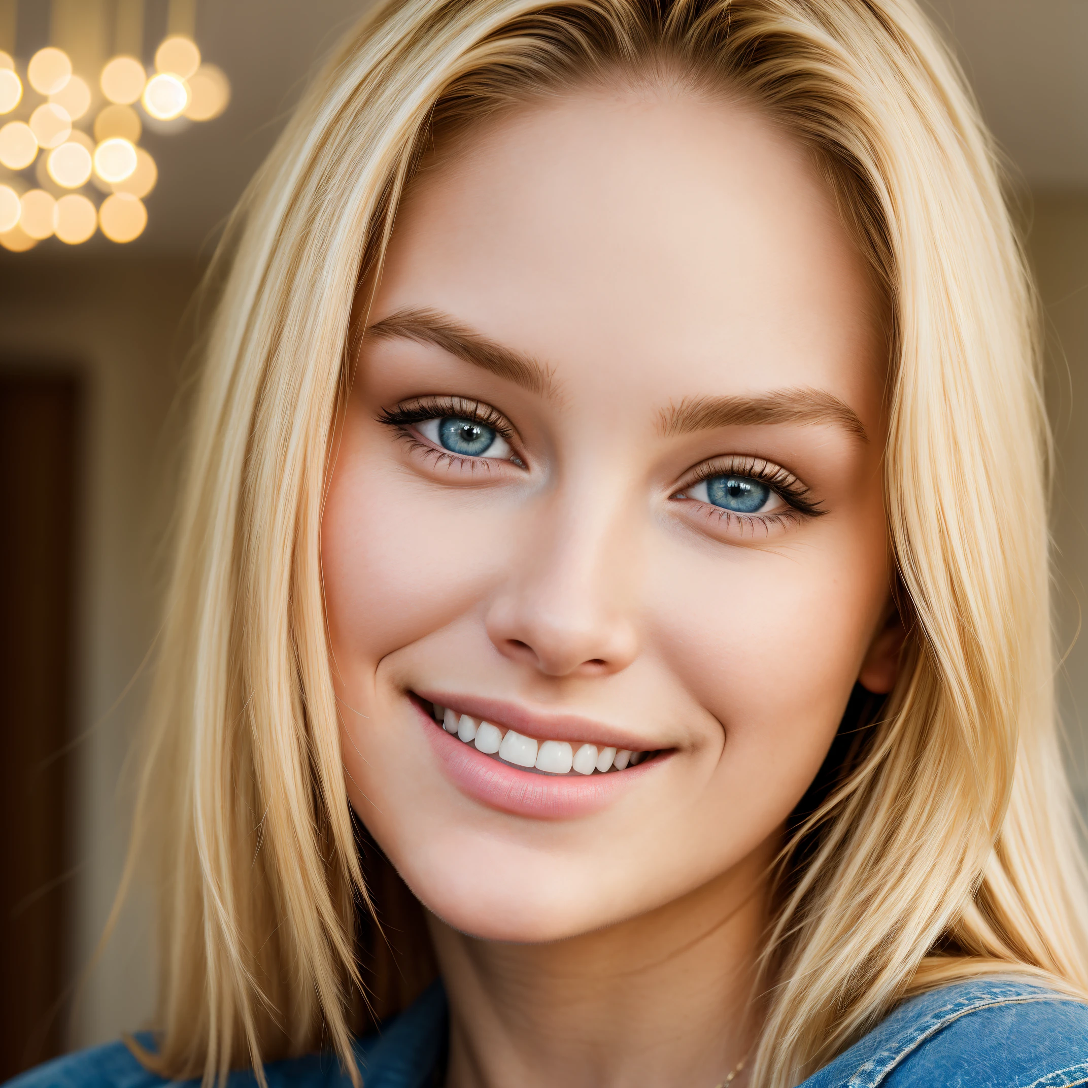 Real life portrait photo of a 18 year old beautiful woman, blonde hair, blue eyes, thick lips, young look, smiling, detailed facial features, realistic photo, symetric eyes, natural lightning, at home, super realistic