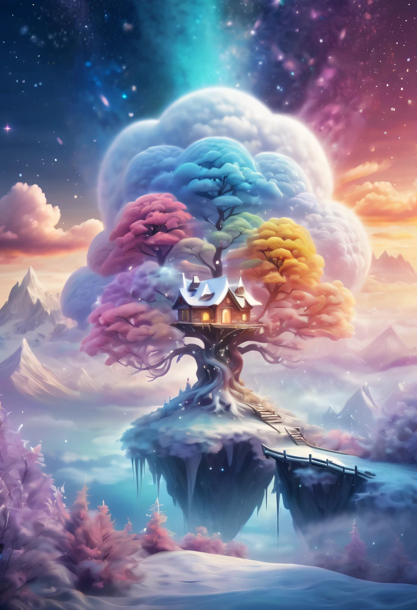 Dreamy cloud and fairy island,winter landscape,Snow country glitters,like a dream,Surreal wonderland,Overlapping clouds and fog,Colorful snowflakes are flying,The tree of life blooms with endless vitality,Twinkling stars in the night sky