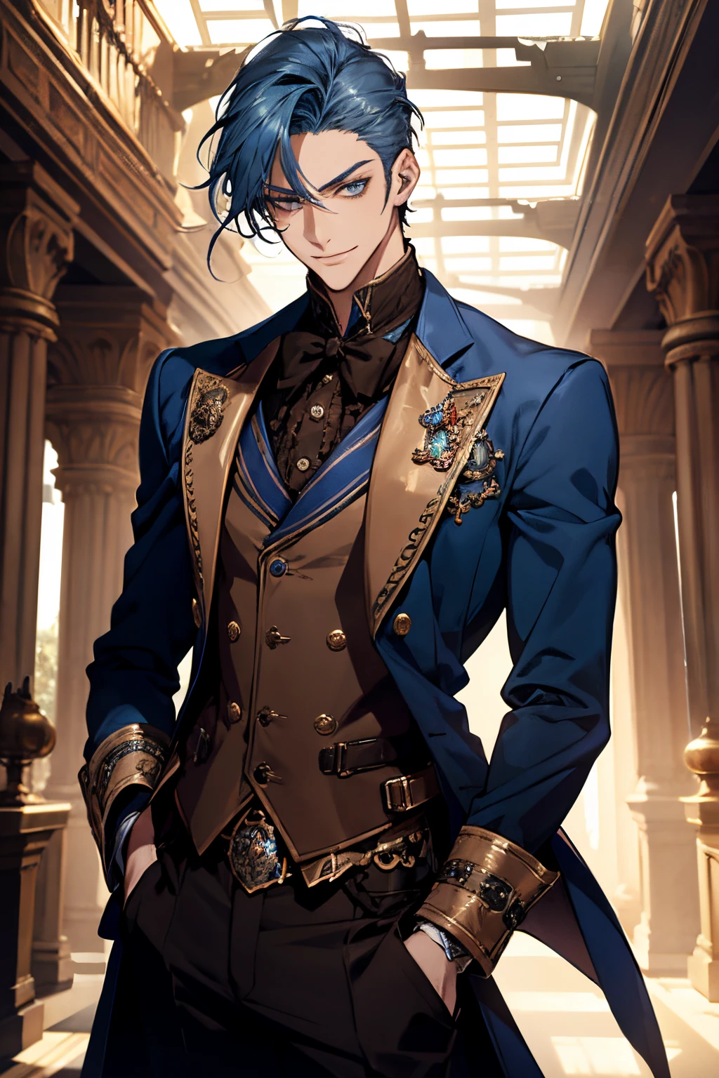 male, adult, blue hair, short hair, blue eyes, sharp gaze, beautiful, tall and slender, handsome face, tailcoat with waistcoat, intelligent aura, confident smile, steampunk fantasy, medium full shot, looking at viewer, cinematic lighting, absurdres