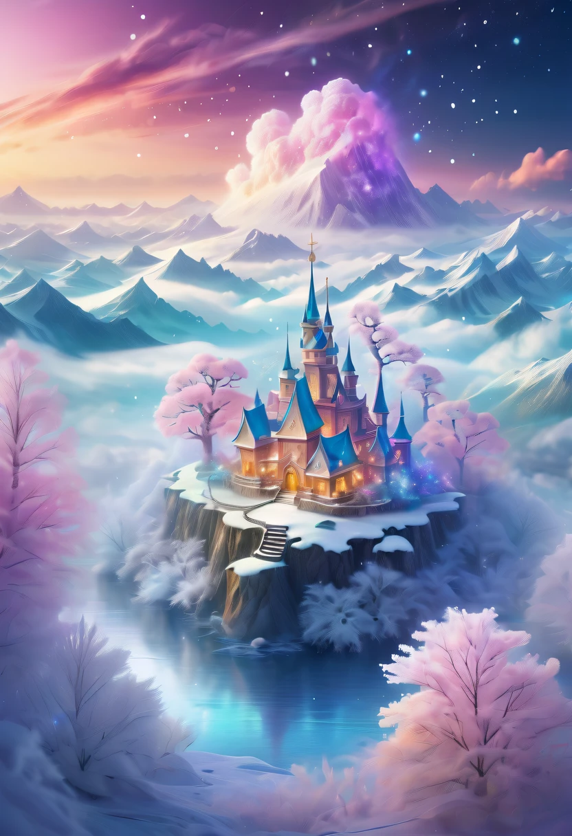 Dreamy cloud and fairy island，winter landscape，Snow country glitters，like a dream，Surreal wonderland，Overlapping clouds and fog，Colorful snowflakes are flying，The tree of life blooms with endless vitality，Twinkling stars in the night sky