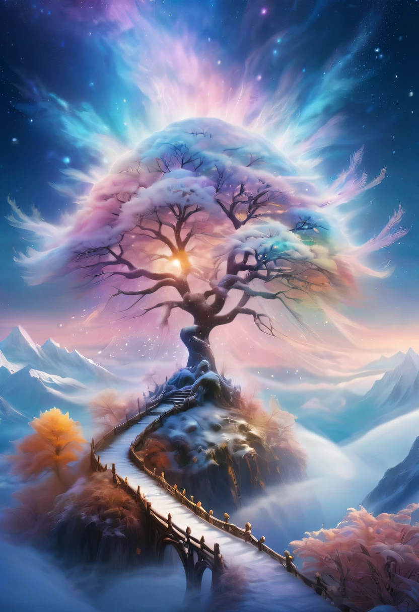 Dreamy Cloud and Mist Fairy Island，winter landscape，Snow country shines brightly，like a dream，Surreal wonderland，Overlapping clouds and fog，Colorful snowflakes are flying，The tree of life blooms with endless vitality，Twinkling stars in the night sky